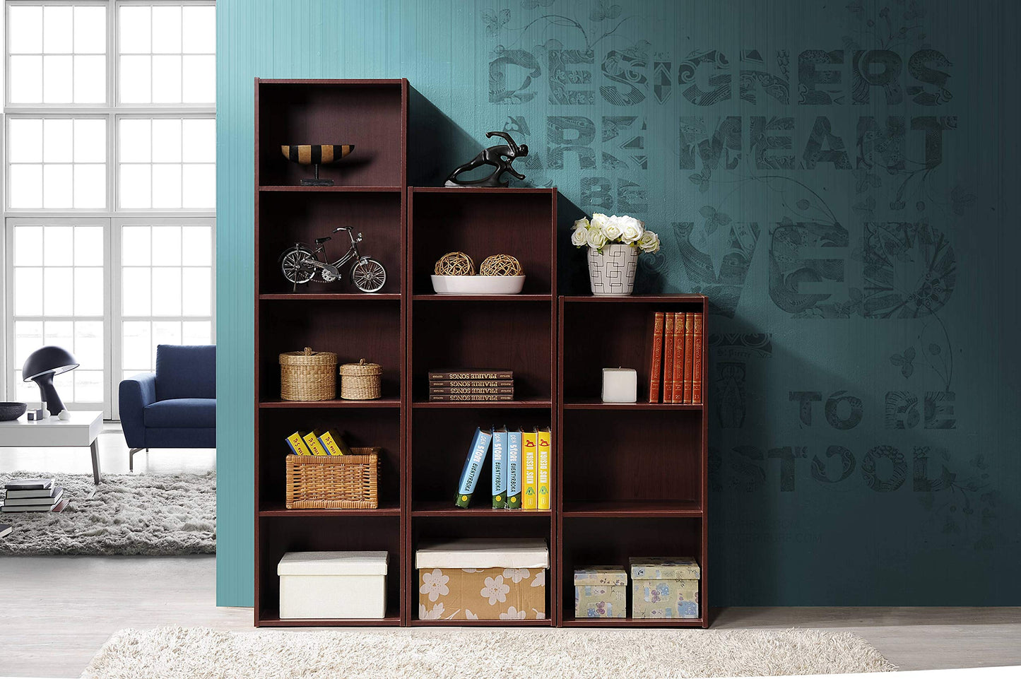 HODEDAH IMPORT 4-Shelf Bookcase Cabinet, Mahogany
