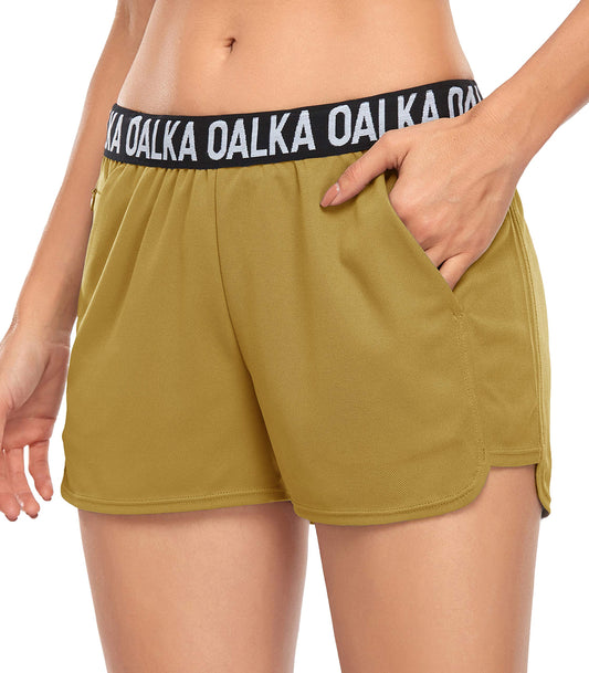 Oalka Women's Running Shorts Out Side Pockets Sports Athletic Workout Fittness Lightweight Gym Shorts Mustard L