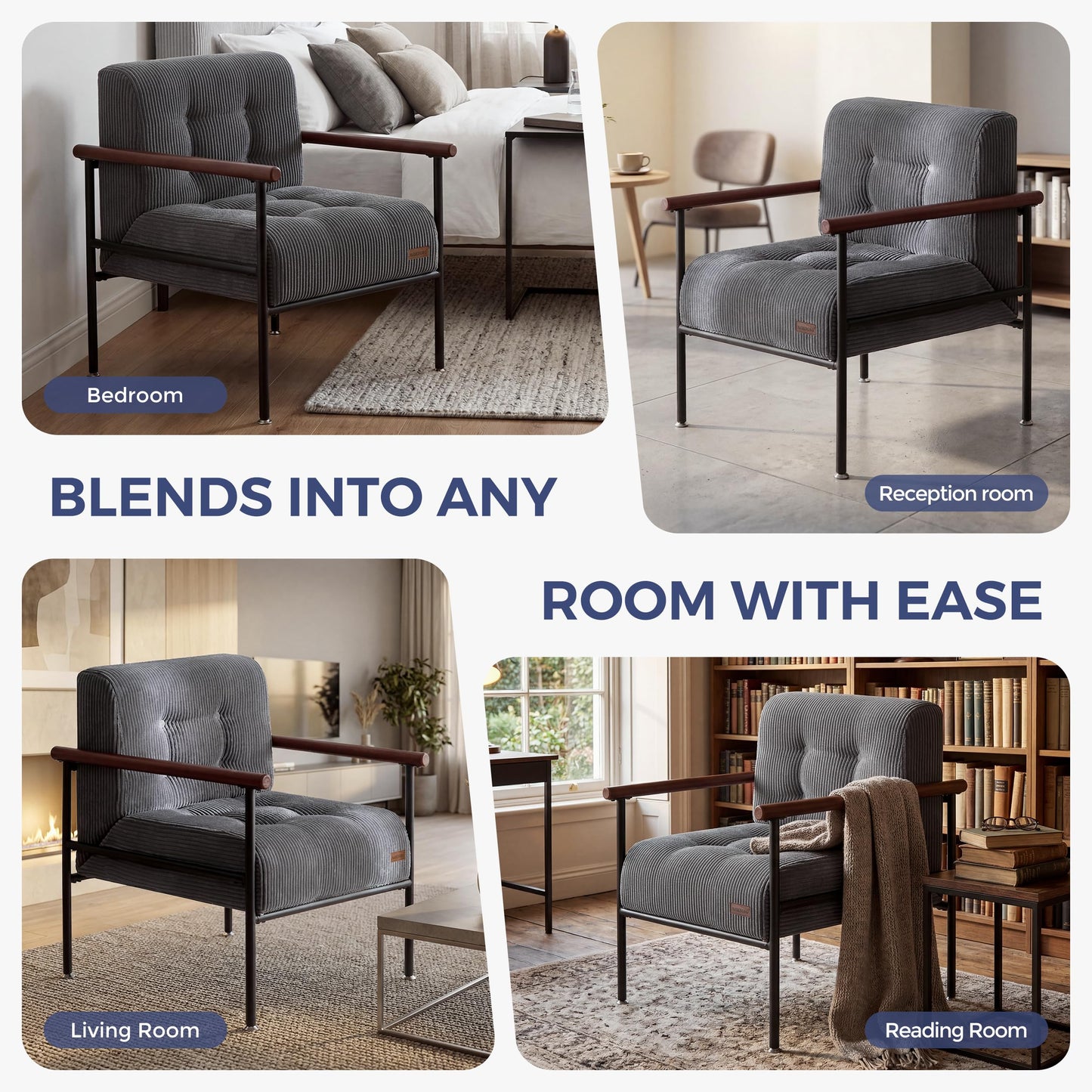 MAXYOYO Living Room Accent Chair, Modern Chair with Sturdy Metal Frame & Wood Armrests, Upholstered Reading Chair with Upholstered Cushion for Bedroom Balcony Porch, Dark Grey