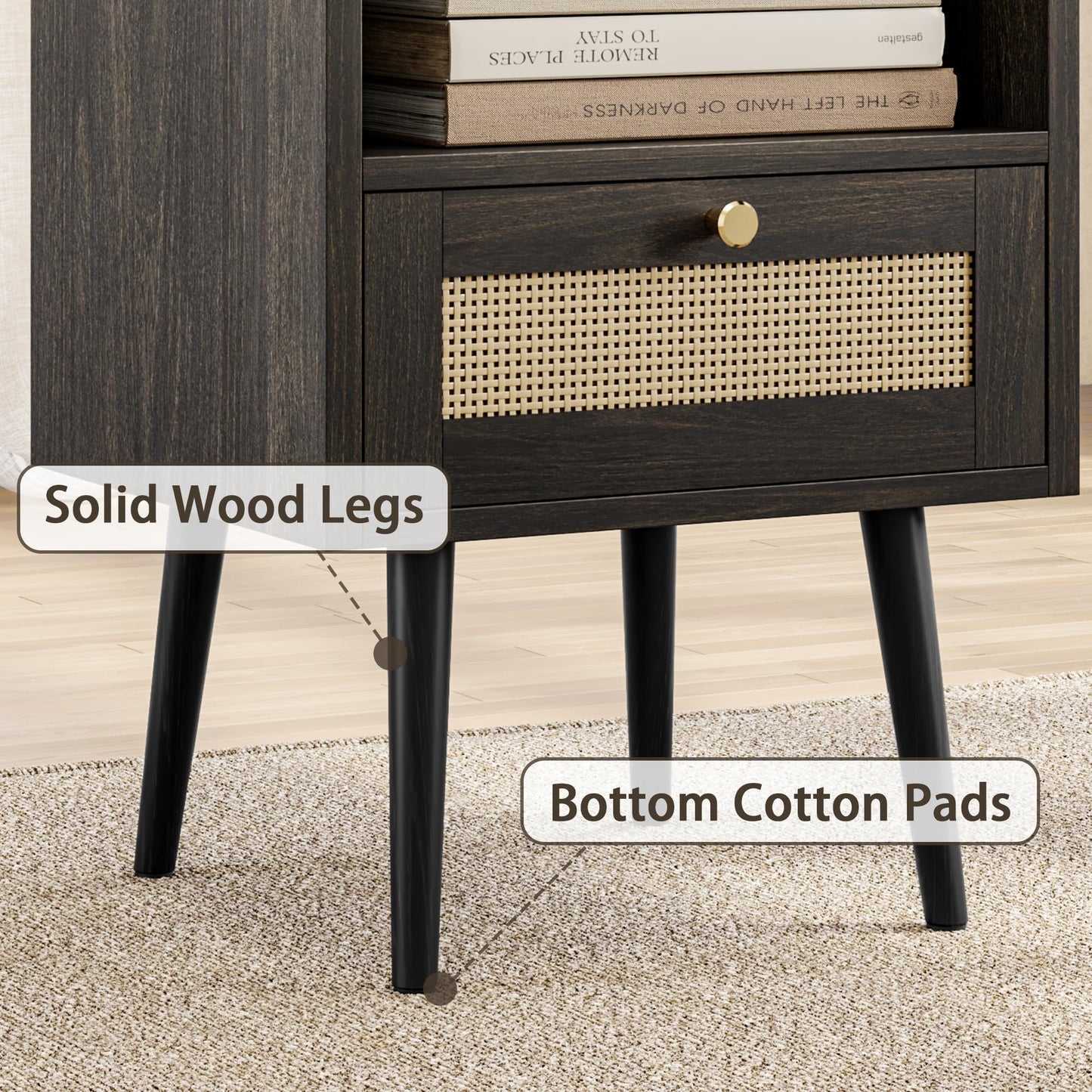 MECHYIN Night Stand Set 2, Nightstands Set of 2 with Charging Station, Rattan Side Tables with Solid Wood Legs, Boho Bedside End Table for Apartment Bedroom Dorm Small Space