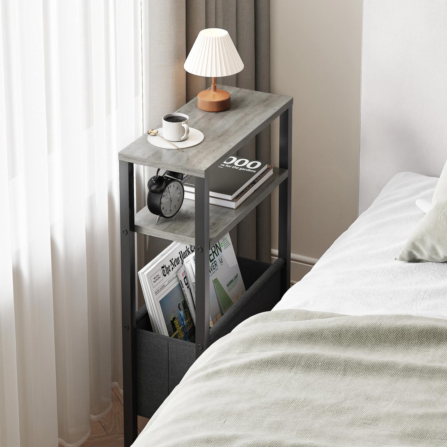 IRCPEN Narrow Side Table, Slim End Table with Magazine Rack, Skinny Bedside Table for Small Spaces, 3 Tier Sofa Couch Table Nightstand for Living Room, Bedroom,Oak Grey LET503Q