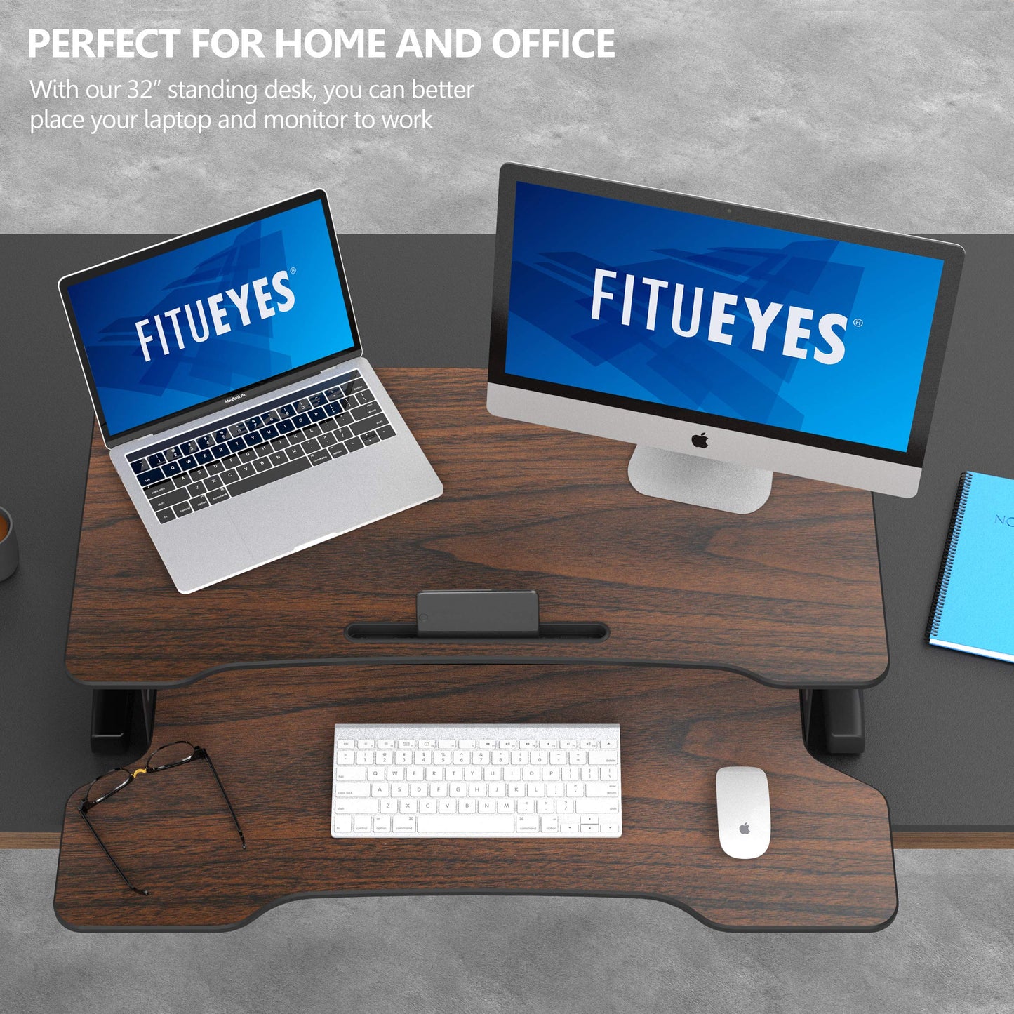 FITUEYES Height Adjustable Standing Desk 32” Wide Sit to Stand Converter Stand Up Desk Tabletop Workstation for Laptops Dual Monitor Riser Brown SD308002WE