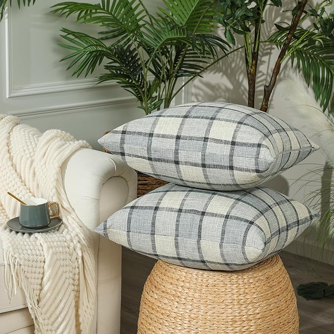 Stellhome Pack of 2 Linen Buffalo Check Throw Pillow Covers Farmhouse Plaid