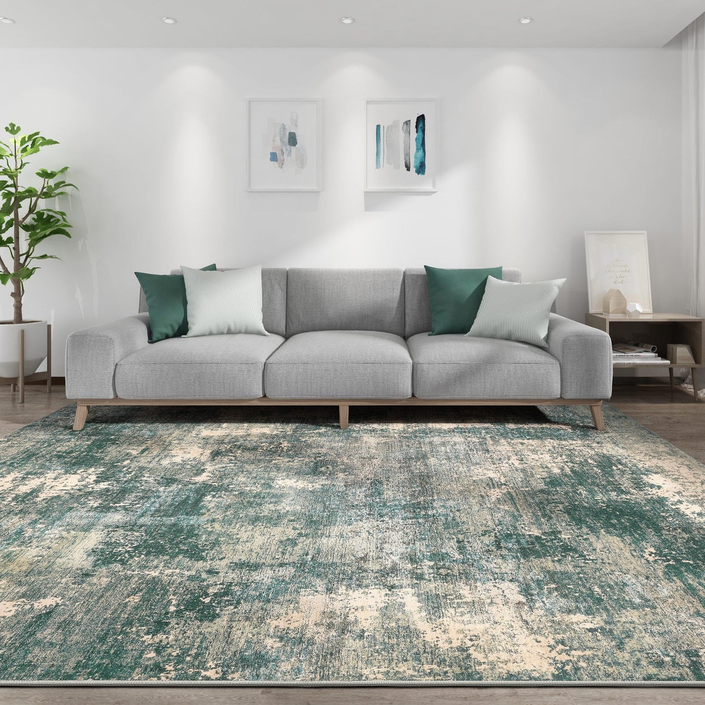 TARANCH Abstract 10x14 Area Rug: Machine Washable Non Slip Ultra Thin Low-Pile Carpet, Soft Stain Resistant for Living Dining Room Bedroom, Kid Pet Friendly, Robot Vacuum Compatible - Dark Green/Beige