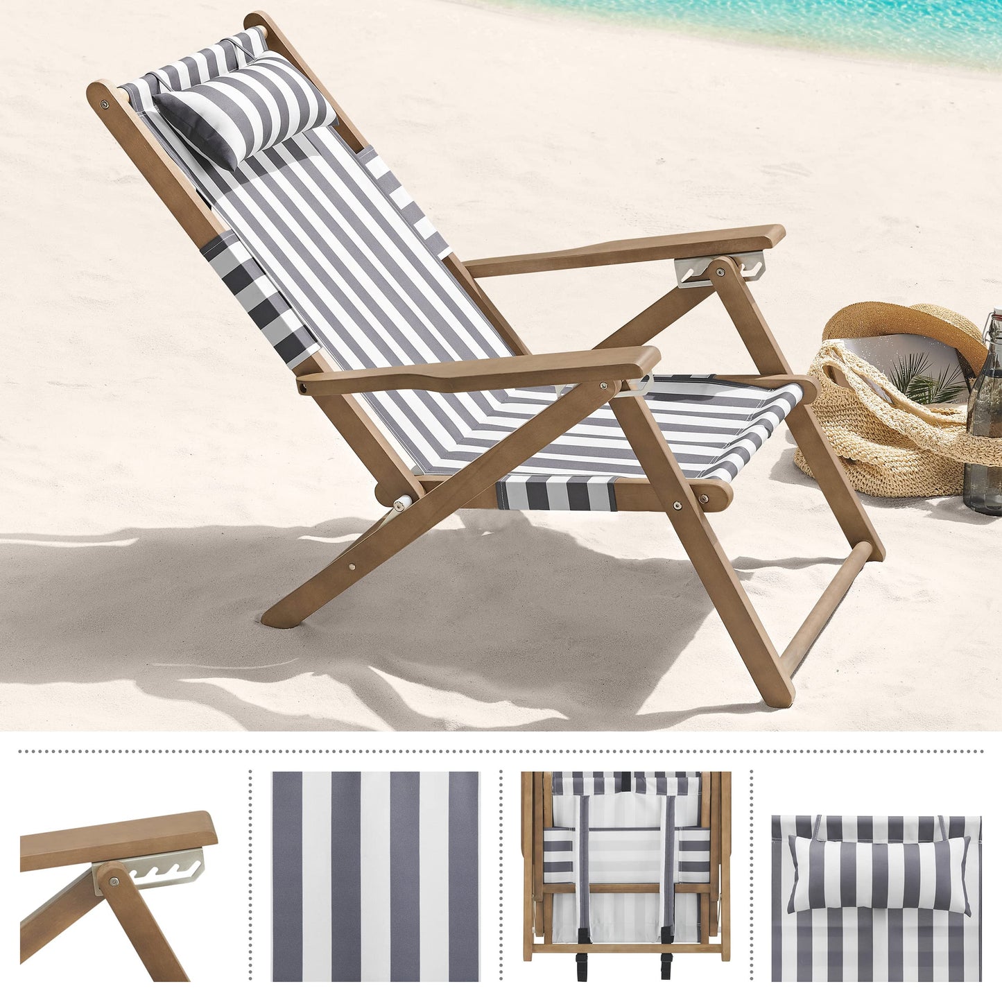 Lavish Home Beach Chair - Outdoor Weather-Resistant Wood Folding Chair with Backpack Straps - 4-Position Reclining Seat - Beach Essentials (Gray)