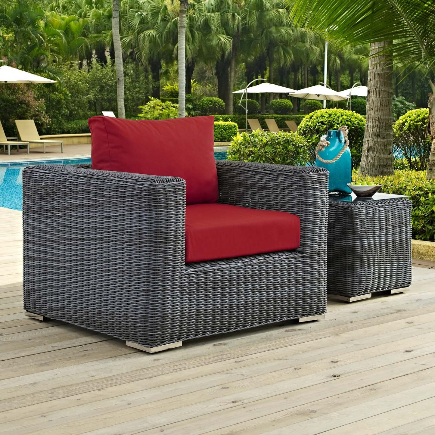 Modway Summon Wicker Rattan Outdoor Patio Sunbrella Armchair in Canvas Red