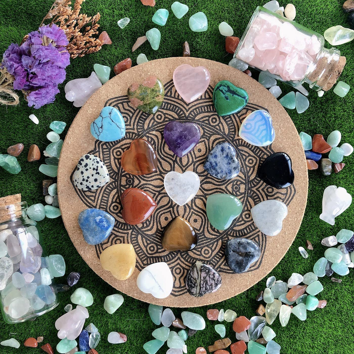 20PCS Natural Heart Healing Crystals and 2" Rose Quartz Elephant Decor Healing Crystal Cute Polished Natural Stone Pink Gemstones Energy Hippie Home Room Office Desk Decors Gifts for Women Men