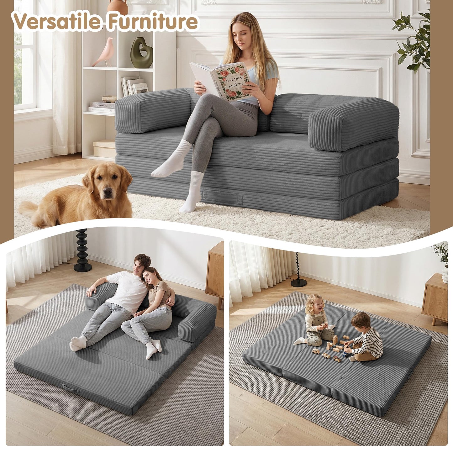 5-in-1 Convertible Sofa Bed,54" Boneless Couch Tri Folding Floor Mattress with Removable L-Shaped Armrests & Handle,Corduroy Futon Couch Sleeper with Pull Out Bed for Living Room Bedroom Apartment