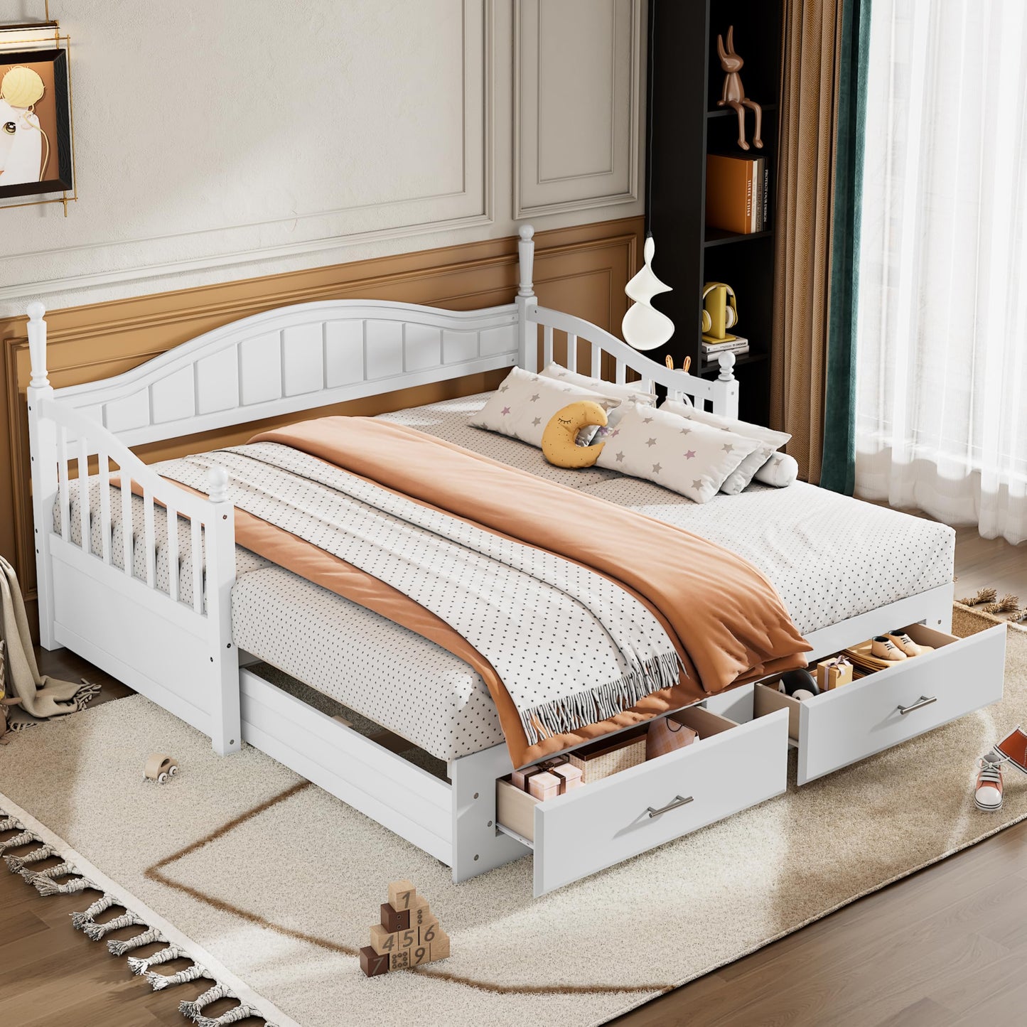 YSWH Twin Size Extendable Daybed, Wood Day Bed Frame with 2 Storage Drawers and Twin Size Trundle, Multifunctional Extendable Bed for Kids Adults, Bedroom Furniture Storage Platform Bed (White)