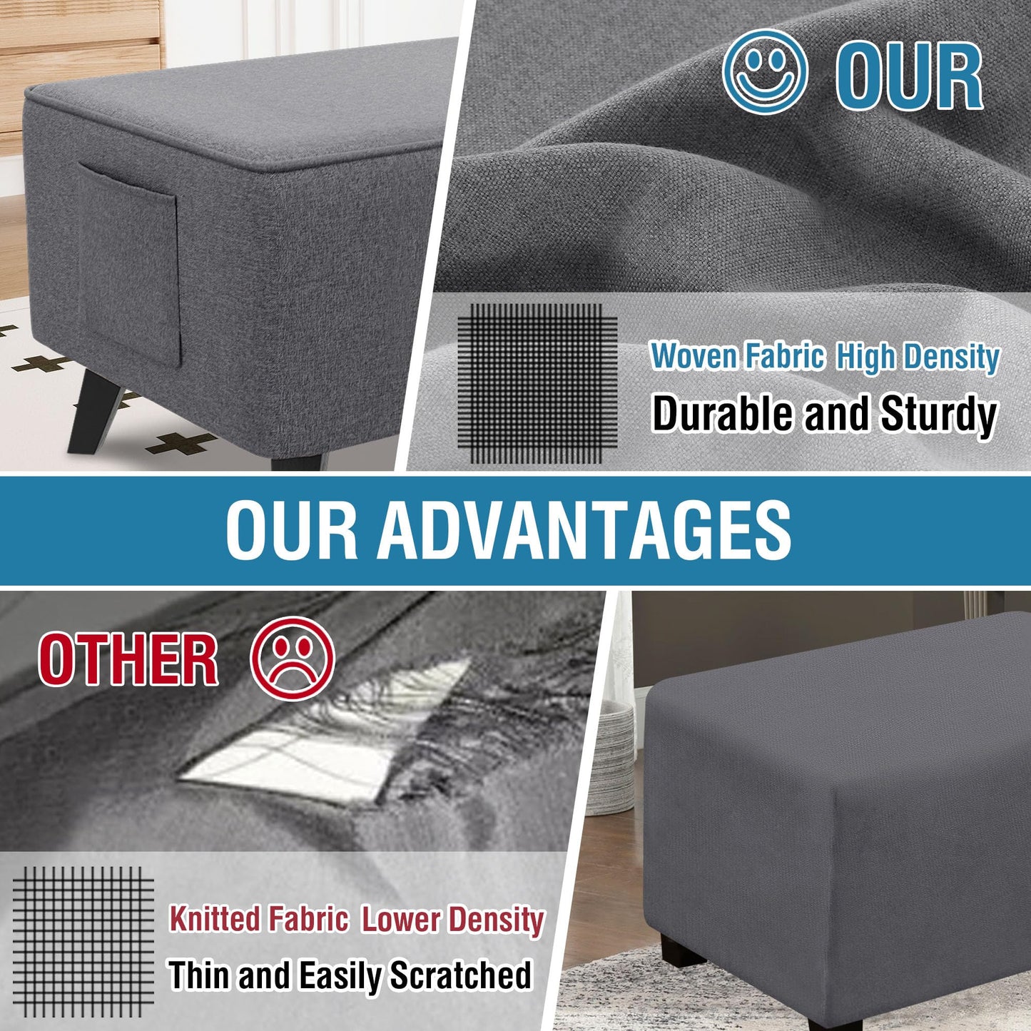 H.VERSAILTEX Ottoman Cover Slipcover Square Fit Length 18"-19" Footrest Sofa Slipcovers Stool Cover Footstool Protector Covers Feature Thick Durable Linen Look Fabric Removable Washable - Heather Grey