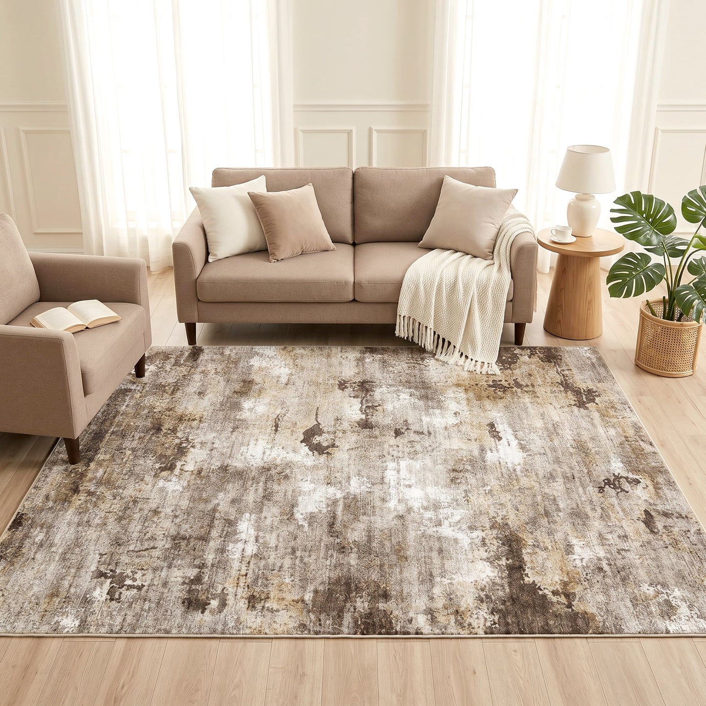 Cnythlis Washable Abstract Area Rug, Robot Vacuum Compatible, 0.3" Low Pile, Non-Slip Cotton-Backed with Silicone Backing, for Home Office Under Desk Dining Room, 5'x7', Neutral Taupe