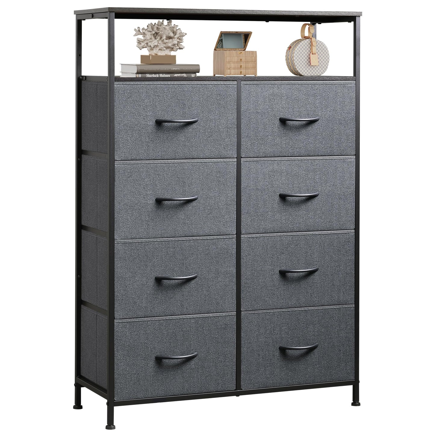 WLIVE Fabric Dresser for Bedroom with Open Shelves, Tall Dresser with 8 Drawers, Storage Tower with Fabric Bins, Chest of Drawers for Closet, Living Room, Hallway, Charcoal Gray