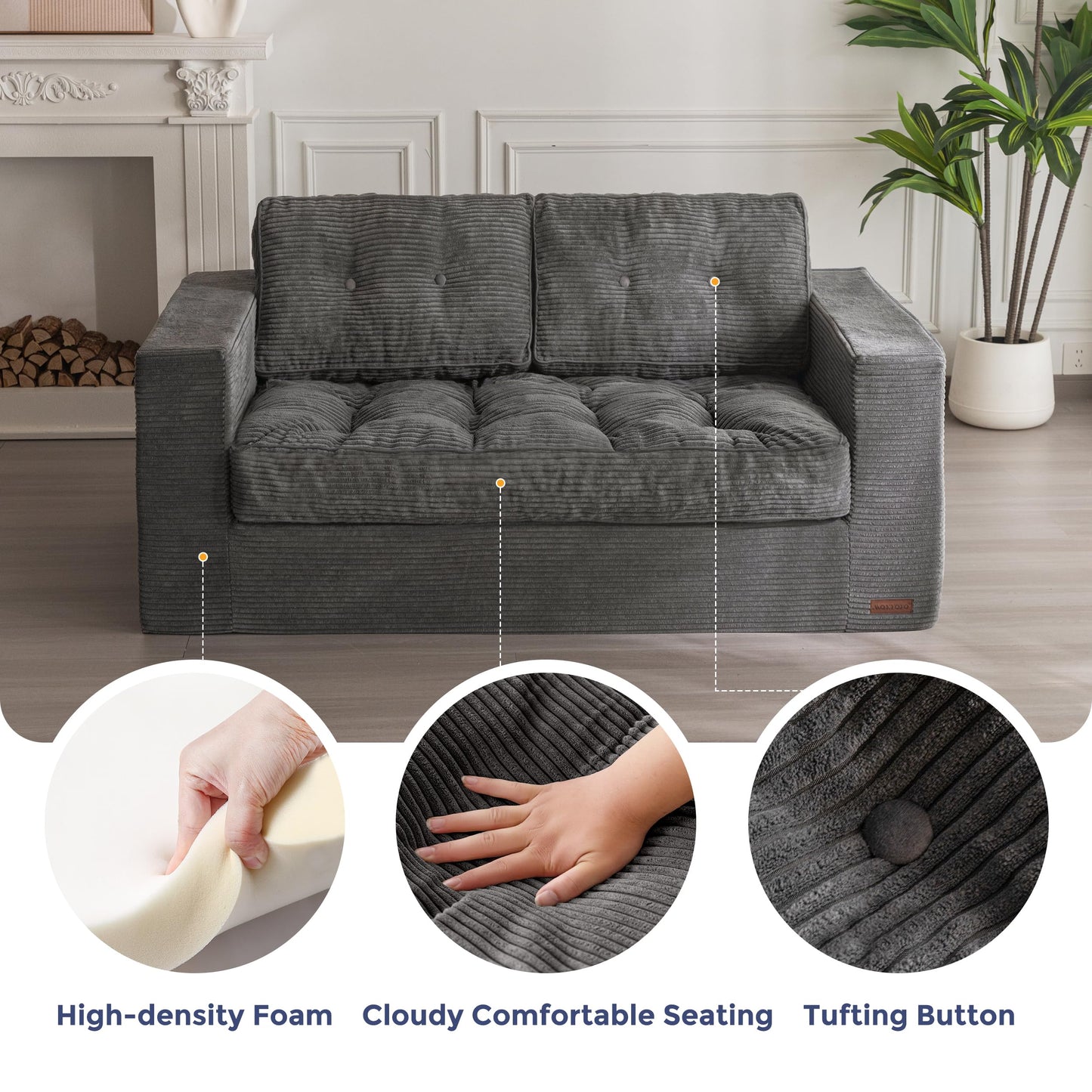 MAXYOYO Bean Bag Chair for Adults, Upholstered Floor Sofa with Armrests, Loveseat Boneless Couch with Tufted Cushion & Backrest, Sofa in A Box, Large Bean Bag Couch for Bedroom Living Room, Dark Grey