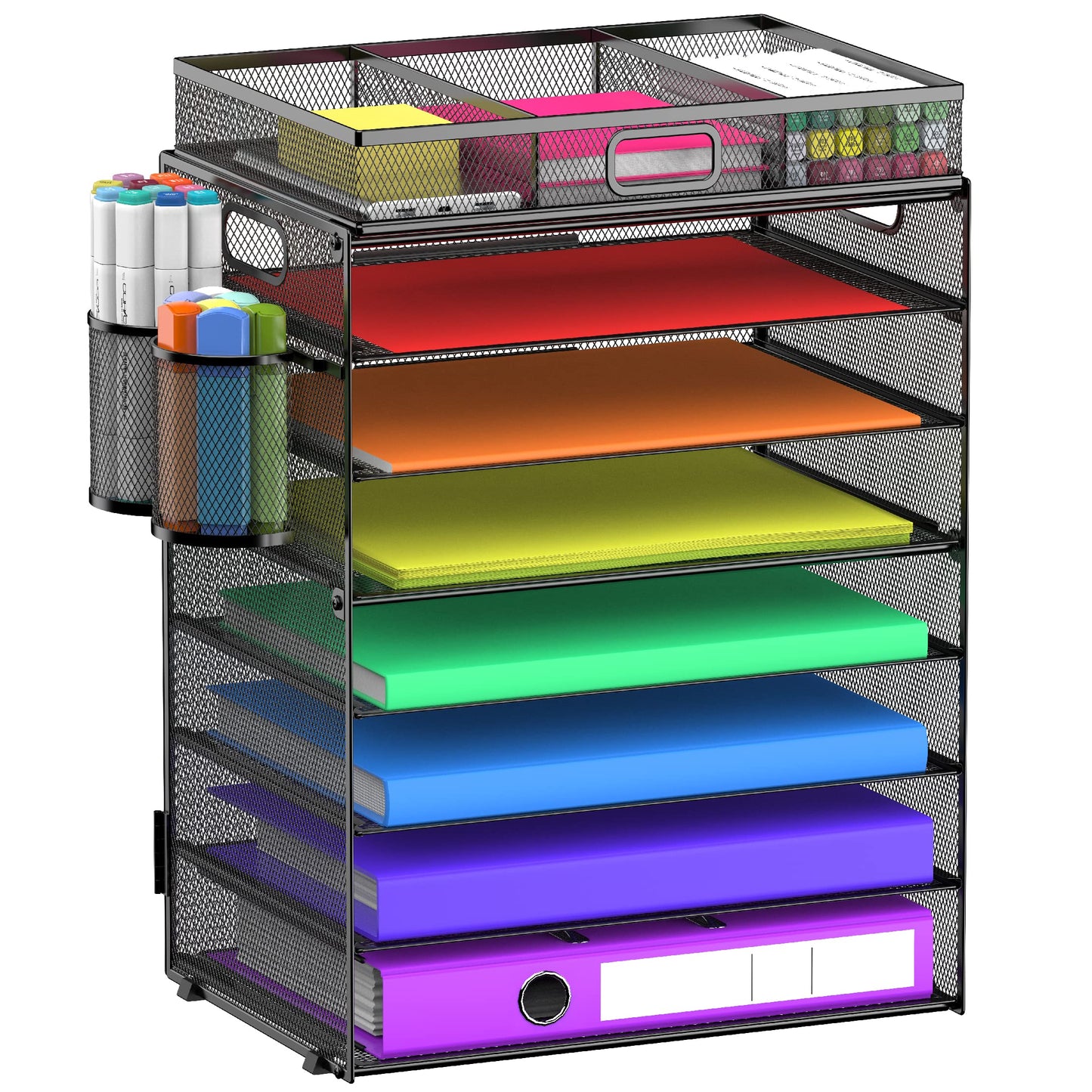 8 Tier Paper Letter Tray Organizer with Handles, Mesh Desk File Holder Storage Organization for Home School Classroom & Office (Black-with Drawer,Pen Holders)