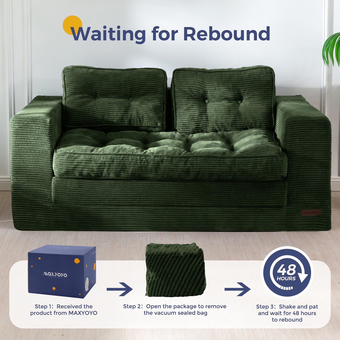 MAXYOYO Convertible Sofa Bed, Pull Out Loveseat Sofa Couch, 2 in 1 Folding Couch Bed, Fold Out Floor Couch with Pillows for Living Room Bedroom Lounge, Dark Green