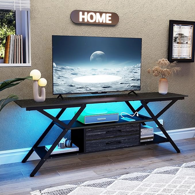 Simoretus TV Stand with Power Outlet and LED Lights, Fits TVs up to 65”