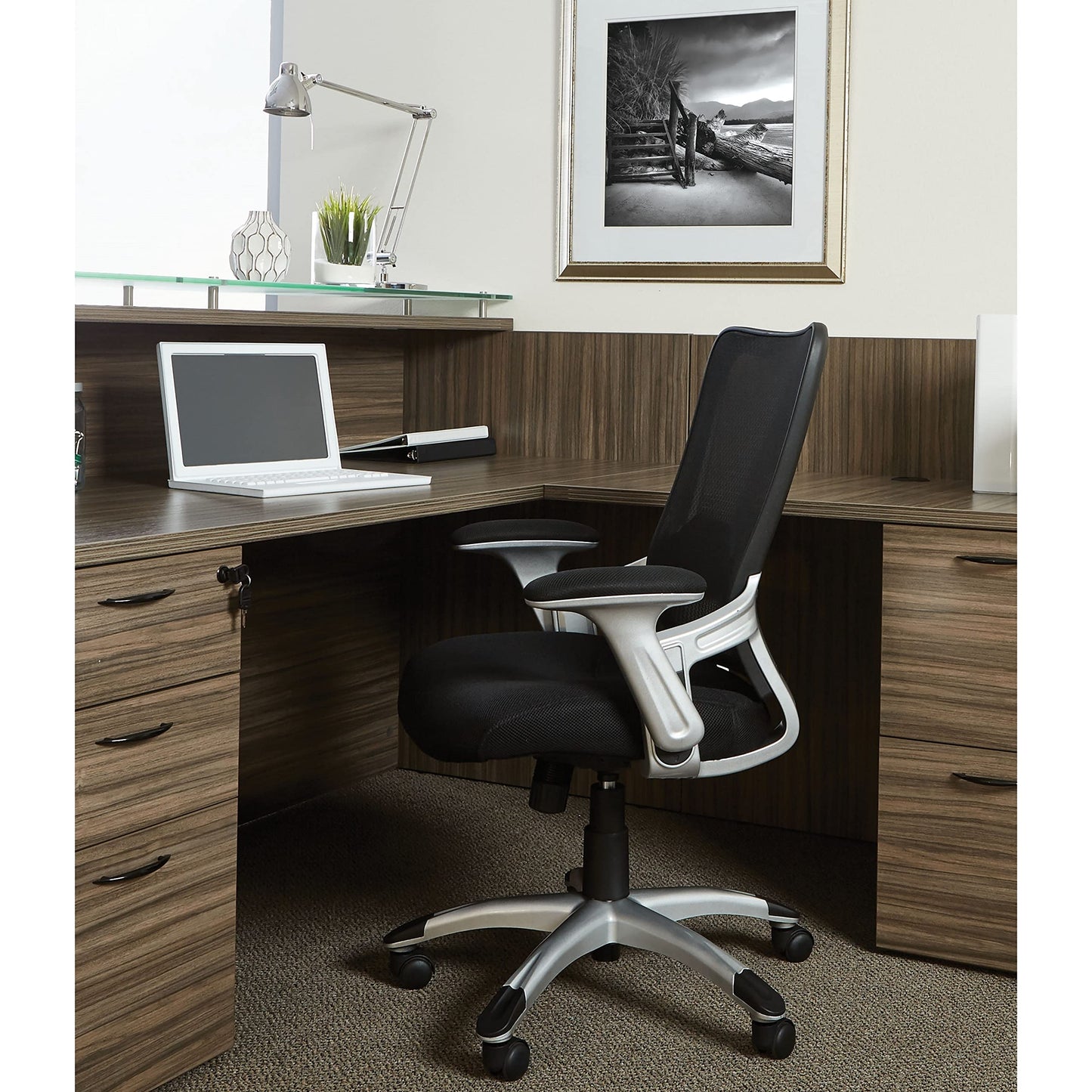 Office Star EMH Series Screen Back Adjustable Office Desk Chair with Built-in Lumbar Support and Padded Flip Arms, Black Bonded Leather