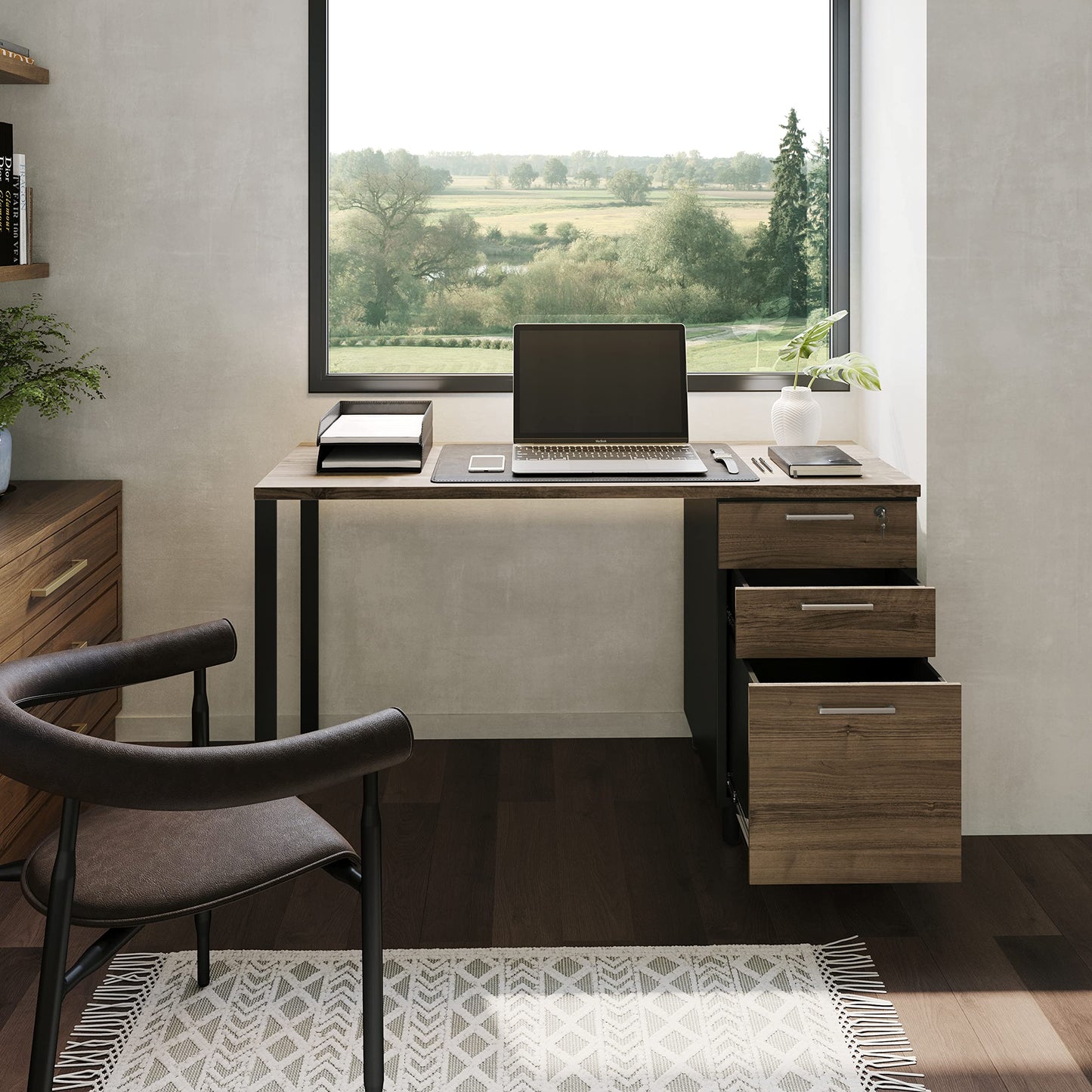 Modern Design Milano Office Computer Desk with 3 Locking Drawers, 48 Inch Walnut and Black Industrial Wood Desk with Filing Drawer and Storage By Crafts and Comfort