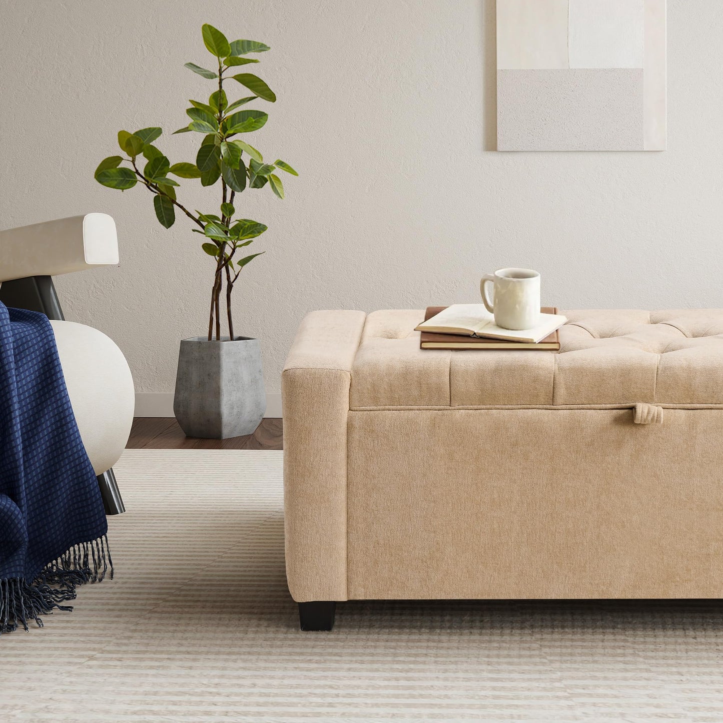 GRAINELL 42.13” Storage Ottoman Bench, Upholstered Tufted Bedroom Bench with Storage, End of Bed Storage Bench for Living Room & Entryway, 350 lb Capacity, Linen flaxen