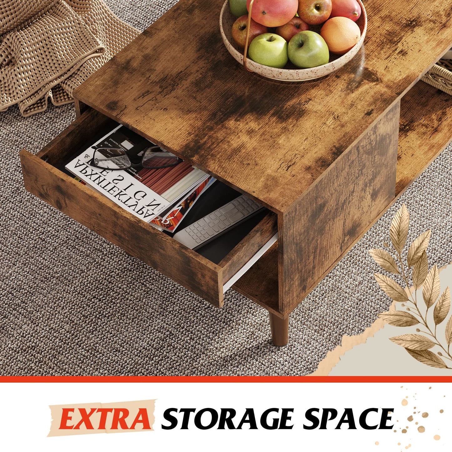 WLIVE Coffee Table, 39.4" Wood Coffee Table with Sliding Top up to 50" TV, Modern Center Table with Open Storage Shelf for Living Room, Bedroom, Rustic Brown
