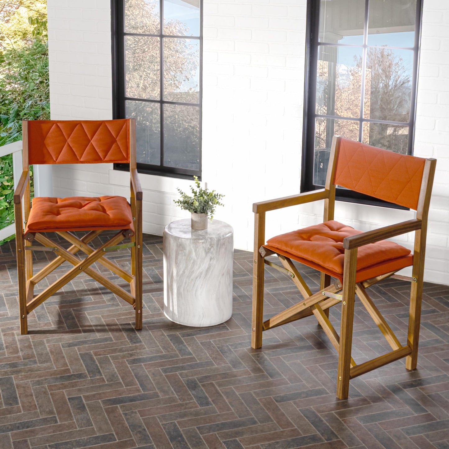 JONATHAN Y Waldo Acacia Wood Outdoor Director Chair Set of 2 for Patio & Balcony, Foldable Coastal Armchair with Orange Diamond-Quilted Cushions, Teak Brown DRC1002B-SET2