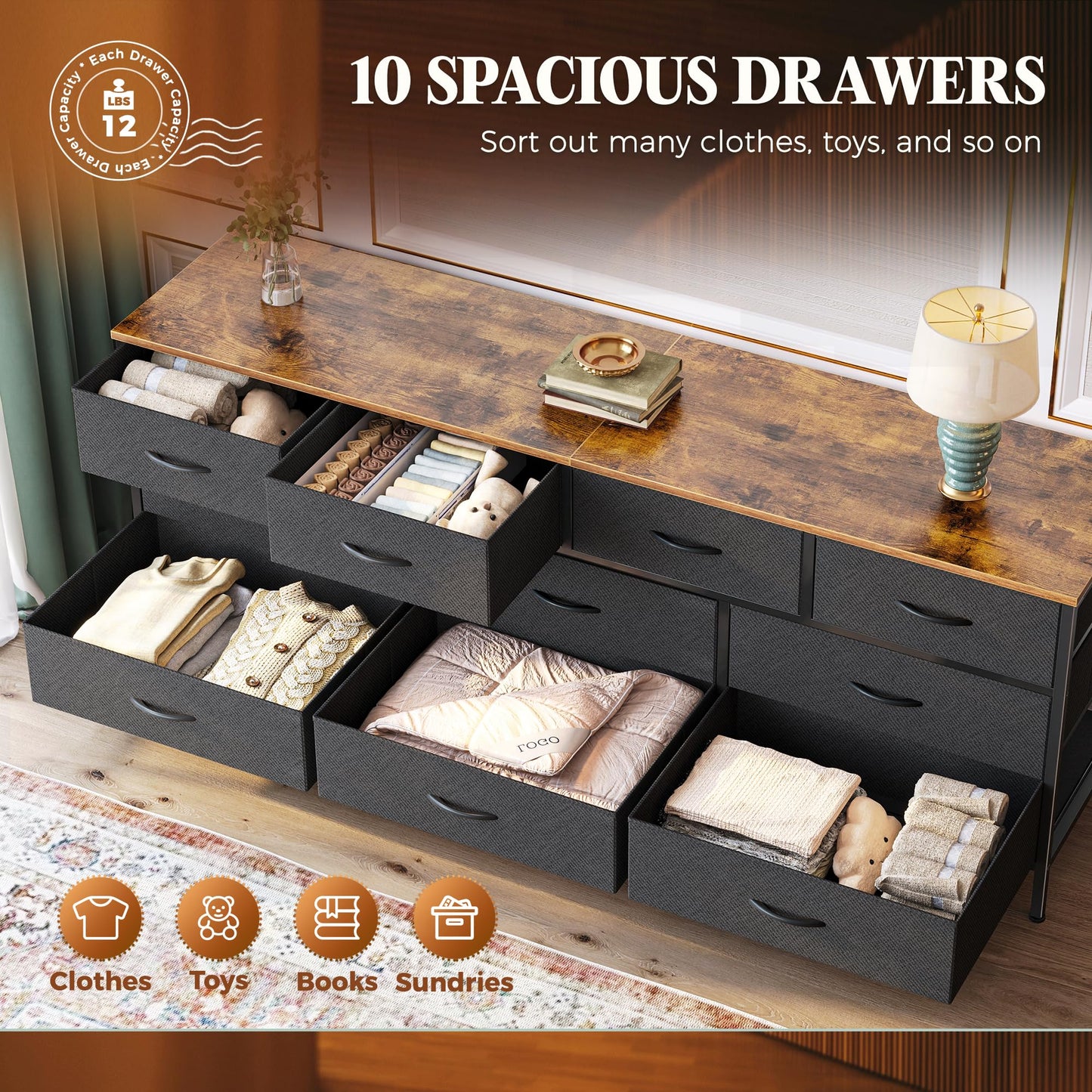 Huuger 63 Inch Dresser for Bedroom, Long Dresser with 10 Fabric Drawers, TV Stand for 55, 65, 70 Inch TV, Toy Storage Organizer for Closet, Rustic Brown and Black