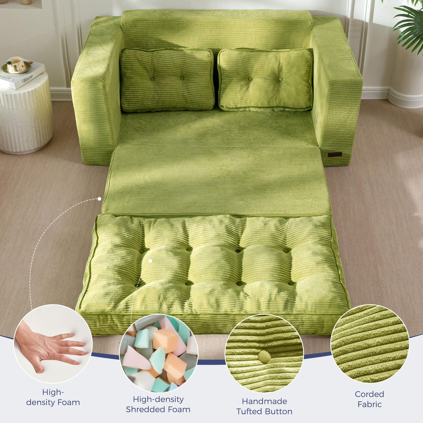 MAXYOYO Convertible Sofa Bed, Pull Out Loveseat Sofa Couch, 2 in 1 Folding Couch Bed, Fold Out Floor Couch with Pillows for Living Room Bedroom Lounge, Green