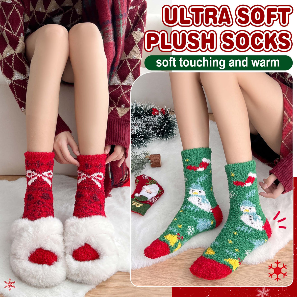 ProEtrade Fuzzy Socks for Women Teen Girls Fluffy Cozy Christmas Gift Cabin Holiday Winter Warm Fleece Thick Comfy Home Plush Cute Snowman Fun Soft Socks Stocking Stuffer(Santa Claus,M)