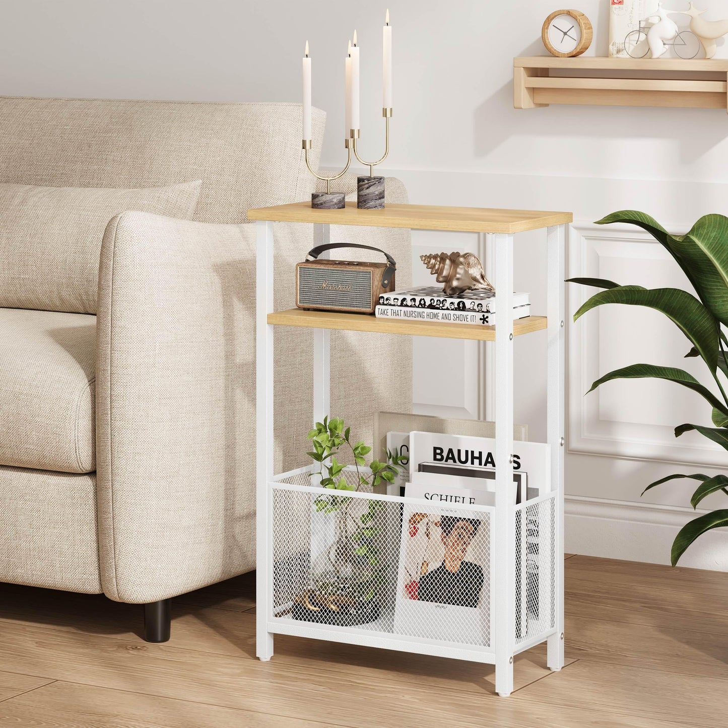MMEOLUOOK Narrow Side Table with Storage Basket Skinny End Tables for Smalls Spaces 3 Tier Sofa Table Small Nightstand Slim Bedside Table for Living Room Bedroom Natural Wood MLBZ22Y
