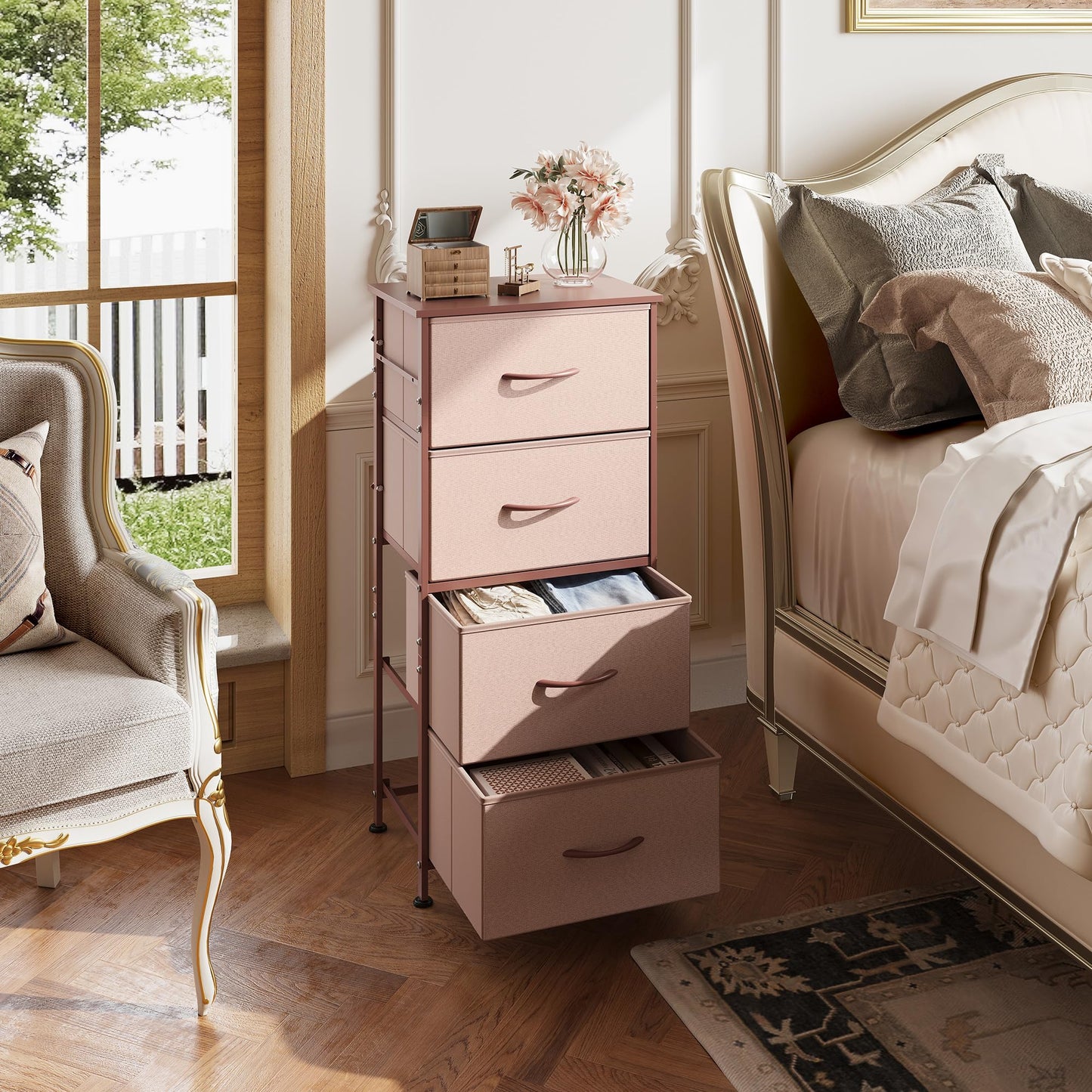 WLIVE 4 Drawers Dresser for Bedroom, Pink Rose Gold Fabric Clothes Storage Organizer Unit, Dresser for Hallway, Entryway, Closets, Sturdy Steel Frame, Wood Top
