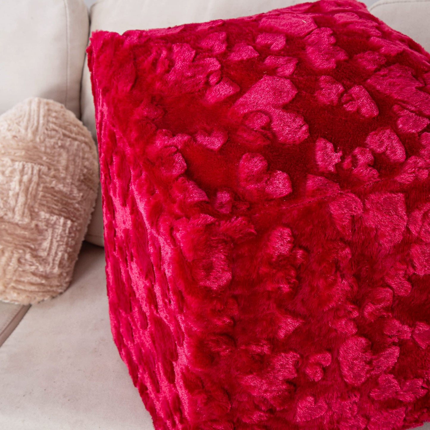 DaDa Bedding DaDalogy Ottoman Pouf Cover Red Hearts in Love Faux Fur [NO Insert] - Bean Bag Footstool Cover Romantic Cozy Soft with Zipper - 1-Piece 18" x 18" x 18"