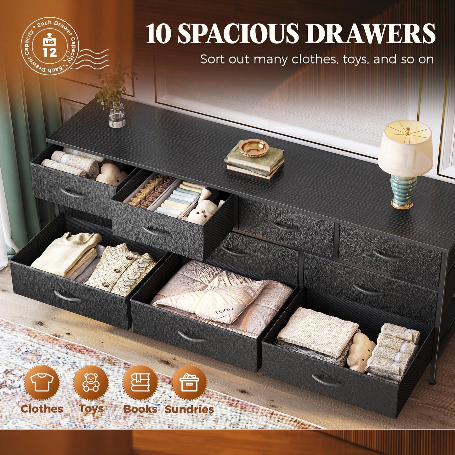 Huuger 63 Inch Dresser for Bedroom, Long Dresser with 10 Fabric Drawers, TV Stand for 55, 65, 70 Inch TV, Toy Storage Organizer for Closet, Black