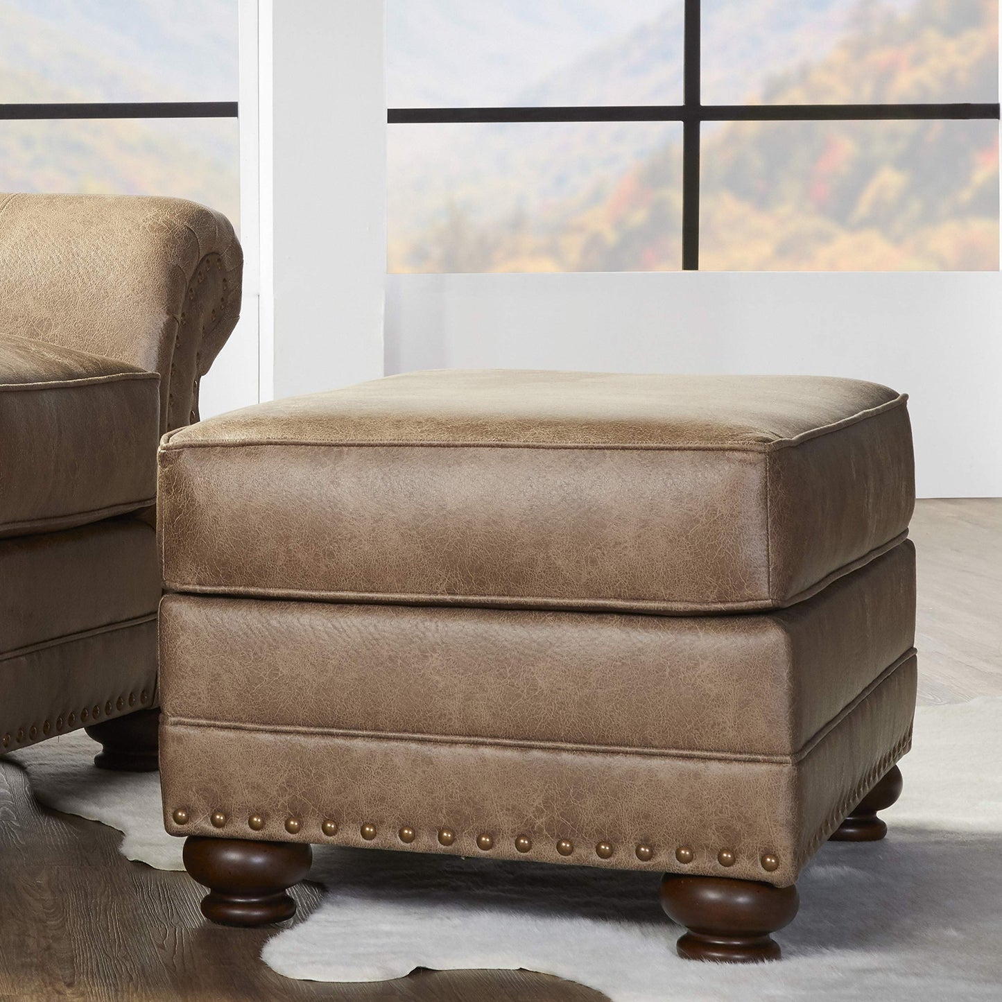 Roundhill Furniture Leinster Faux Leather Ottoman with Antique Bronze Nailheads in Jetson Ginger