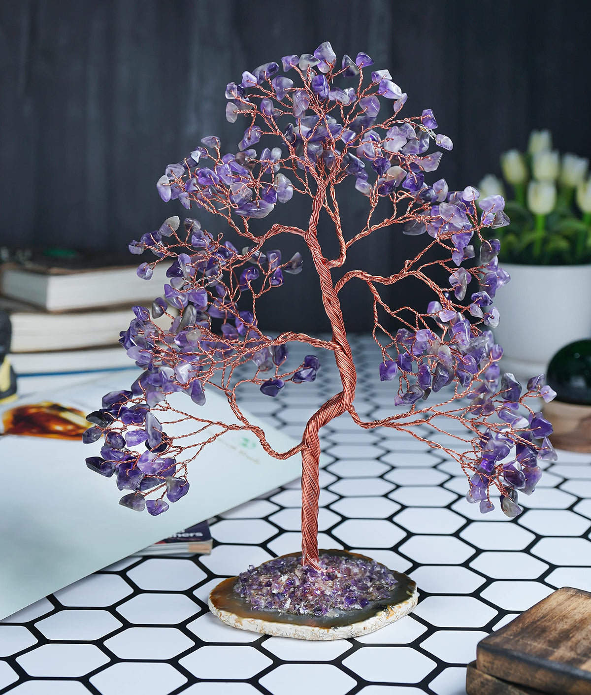 Crocon® Amethyst Crystal Tree of Life Gifts for Women, Men & Family, Gemstone Agate Slice Base Healing Chakra Feng Shui Money Spiritual Gift for mom, Wife, Sister Birthday Present Home & Room Decor
