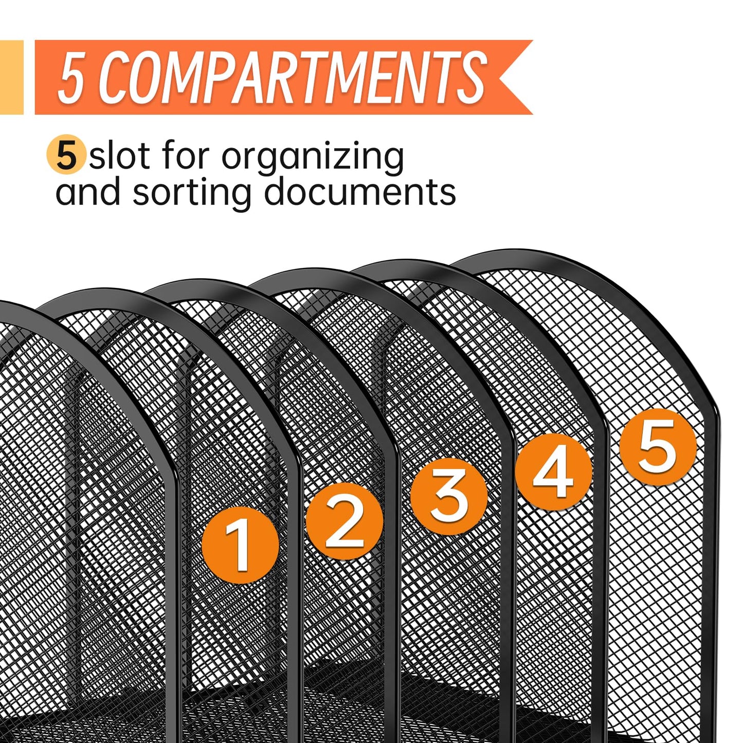 MINDEPOT 5-Section Desk File Organizer, Vertical Desktop File Holder Mail Sorter File Folder Holder Organization for Office School & Classroom (Black - 1Pack)