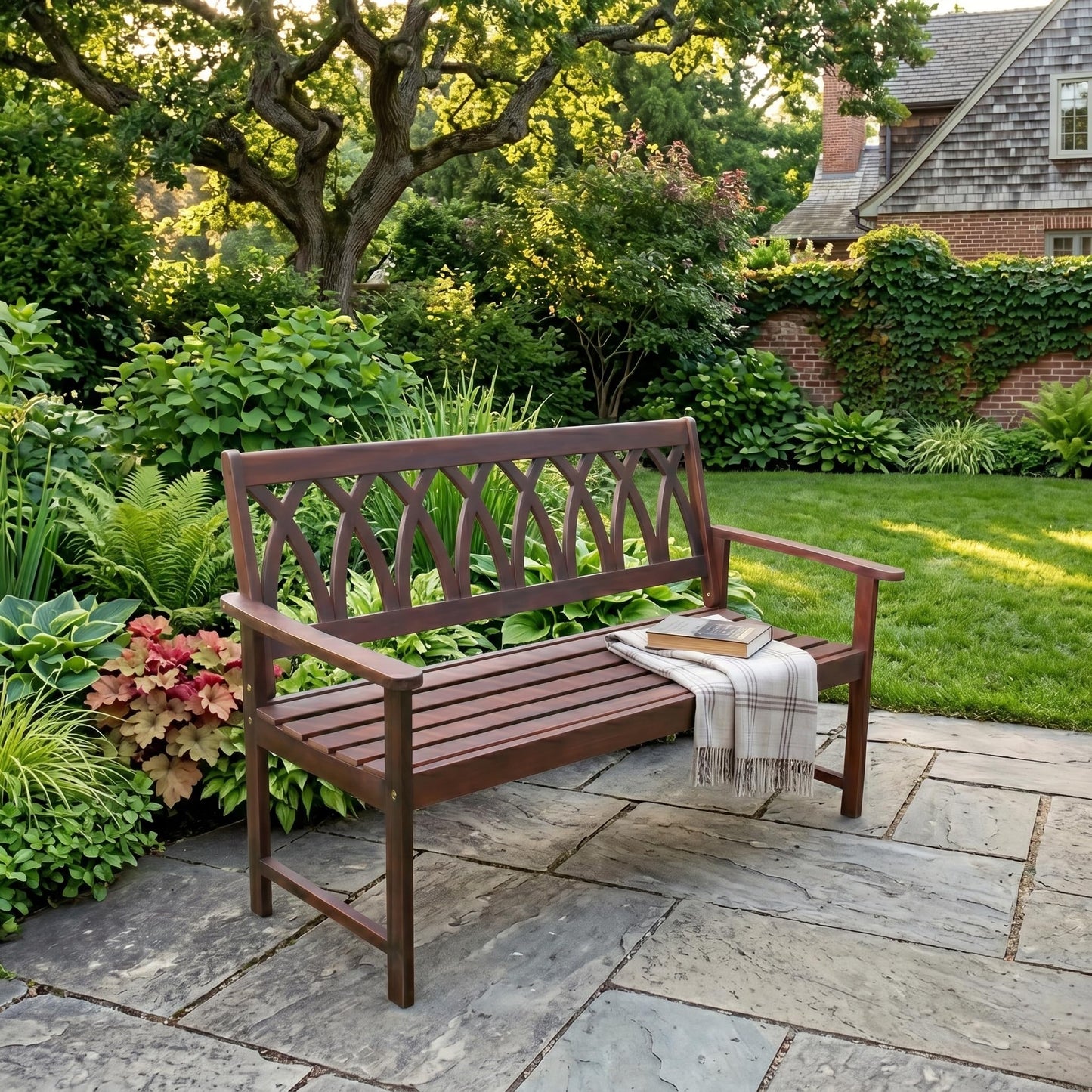 northbeam Criss Cross Garden Bench Acacia Wood Outdoor Garden Bench Patio Bench, Natural, BCH0330610810