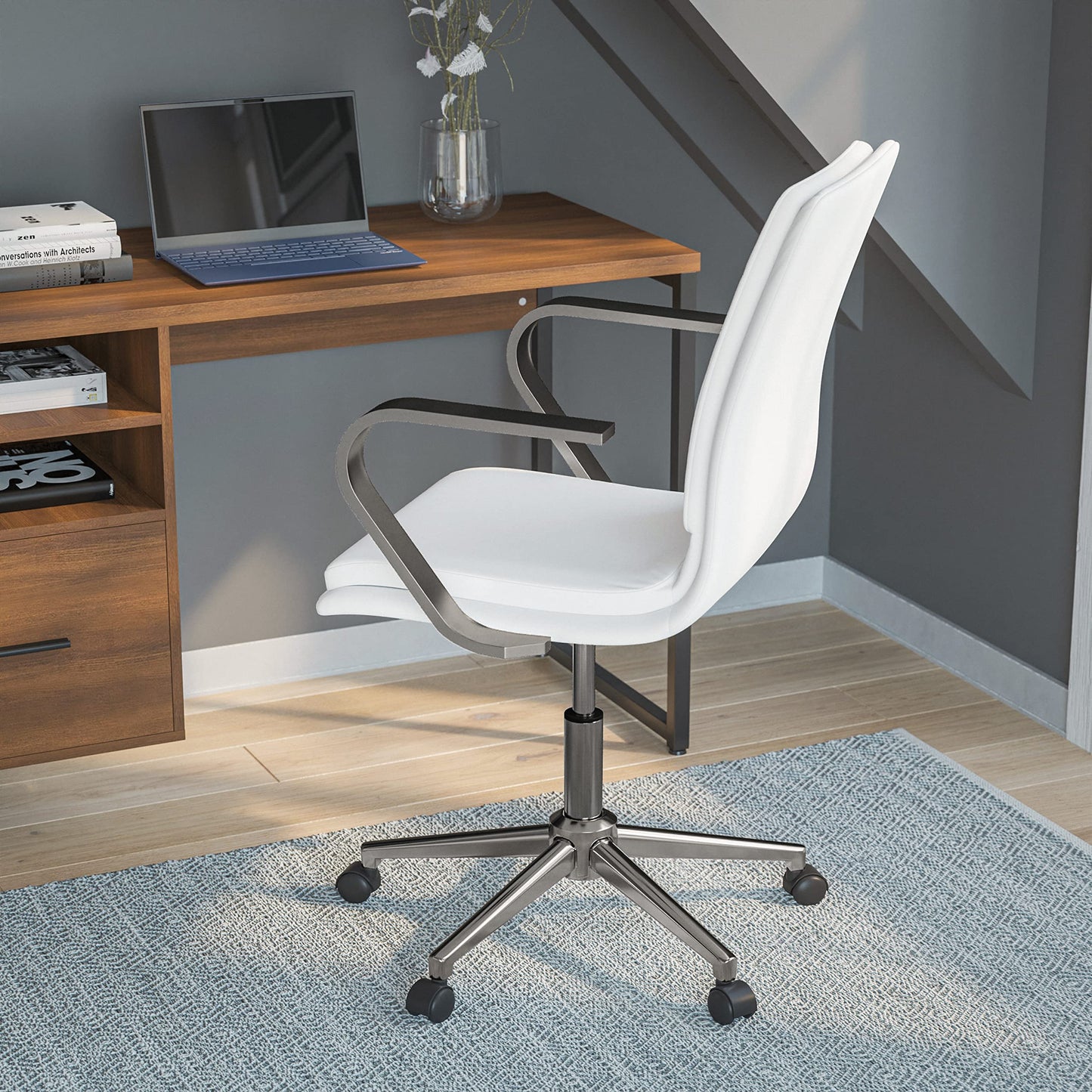 Flash Furniture James Mid-Back Designer Executive Office Chair - White LeatherSoft Upholstery - Brushed Chrome Base and Arms - Height Adjustable 360° Swivel Seat