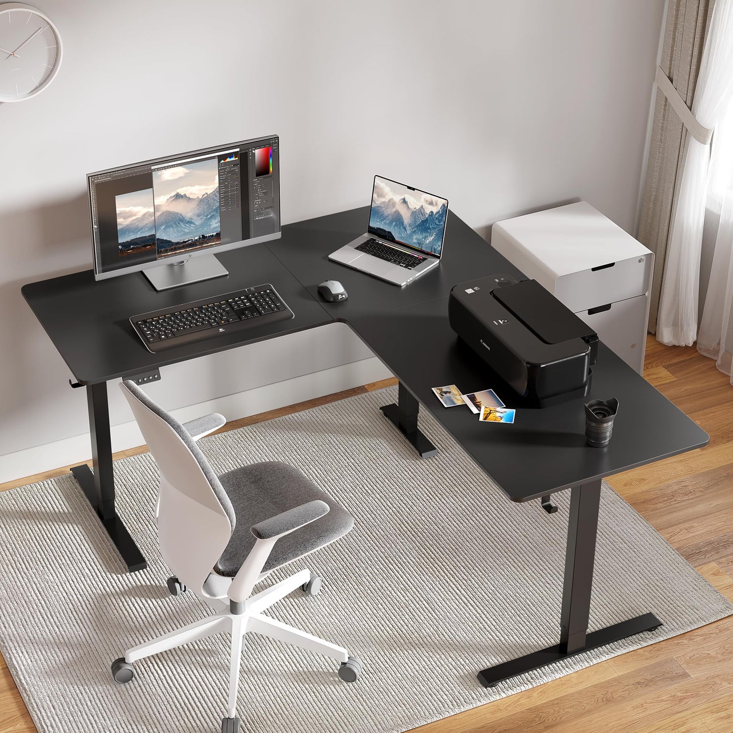 FEZIBO 63" x 55"L Shaped Standing Desk Adjustable Height, 63 Inch Electric Stand up Corner Computer Desk, Sit Stand Home Office Desk with Splice Board, Black