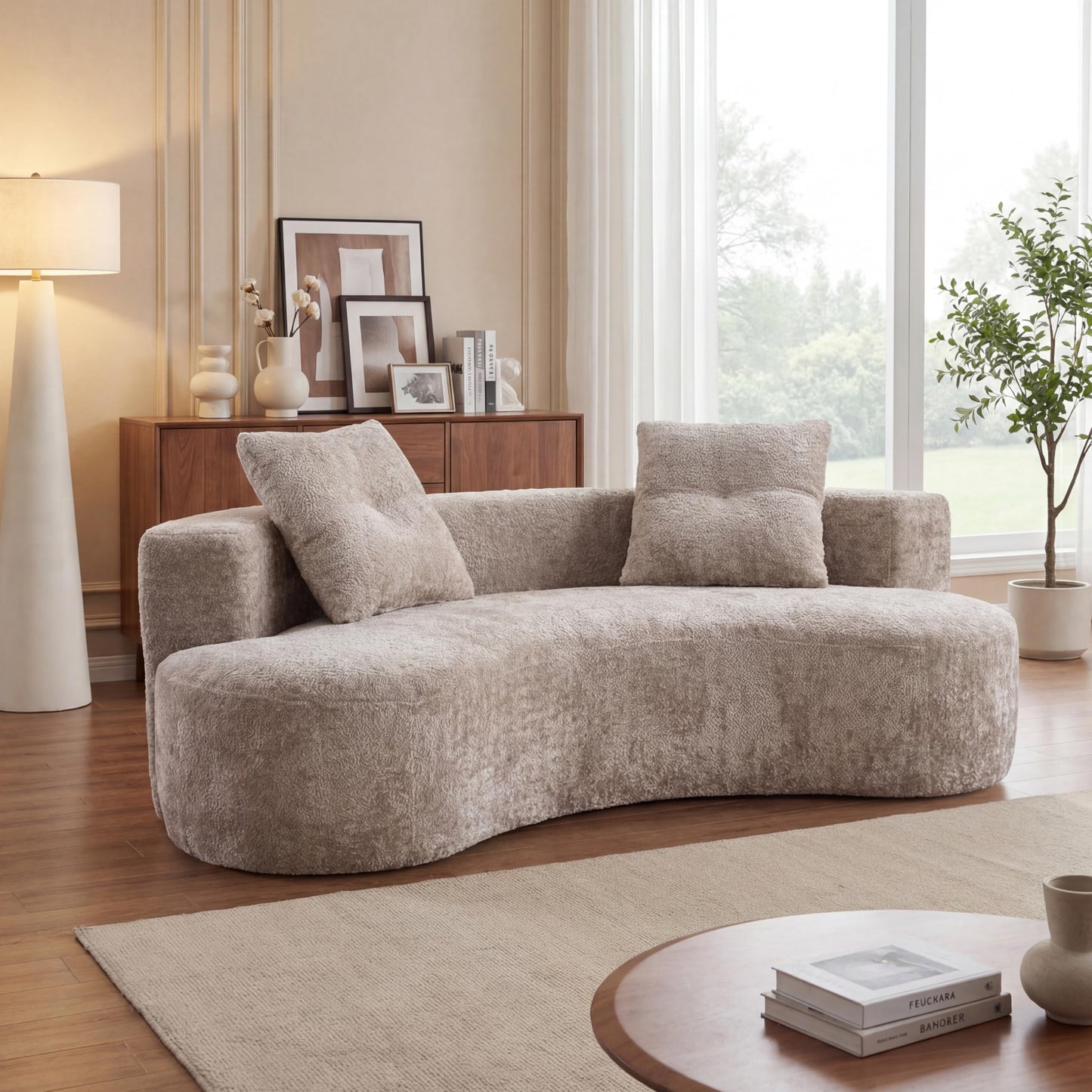 KEIKI 80" Boucle Curved Modular Boneless Sofa with 2 Pillows, Upholstered Modern Style 3-Seater Couch with High Resilience Cushion, No Assembly Required, for Apartment, Living Room, Office, Camel
