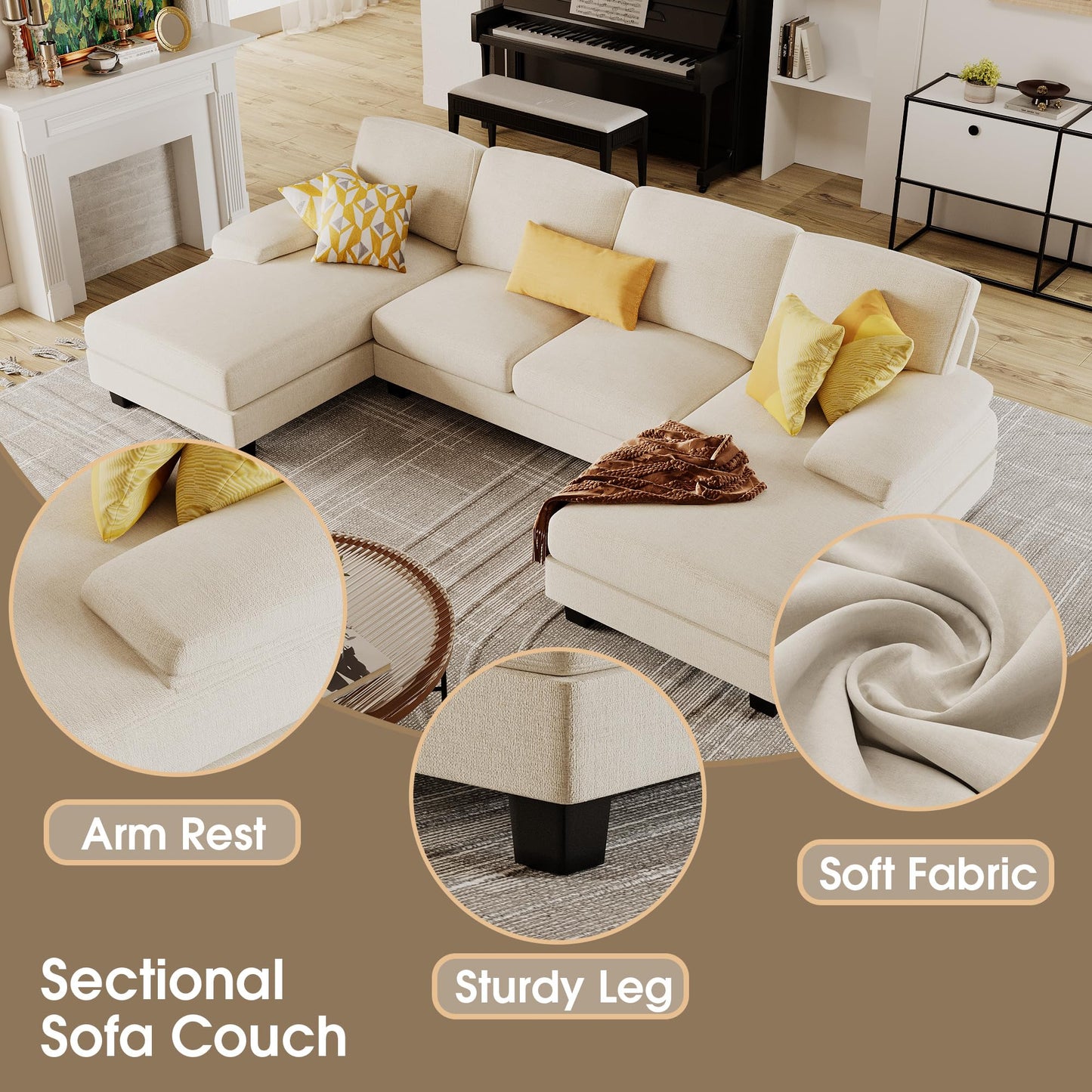 Furmax Sectional Couches for Living Room, U-Shaped Sofa Couch with Linen Fabric, 4 Seat Sofa Set with Double Chaise for Apartment (Chenille, White)