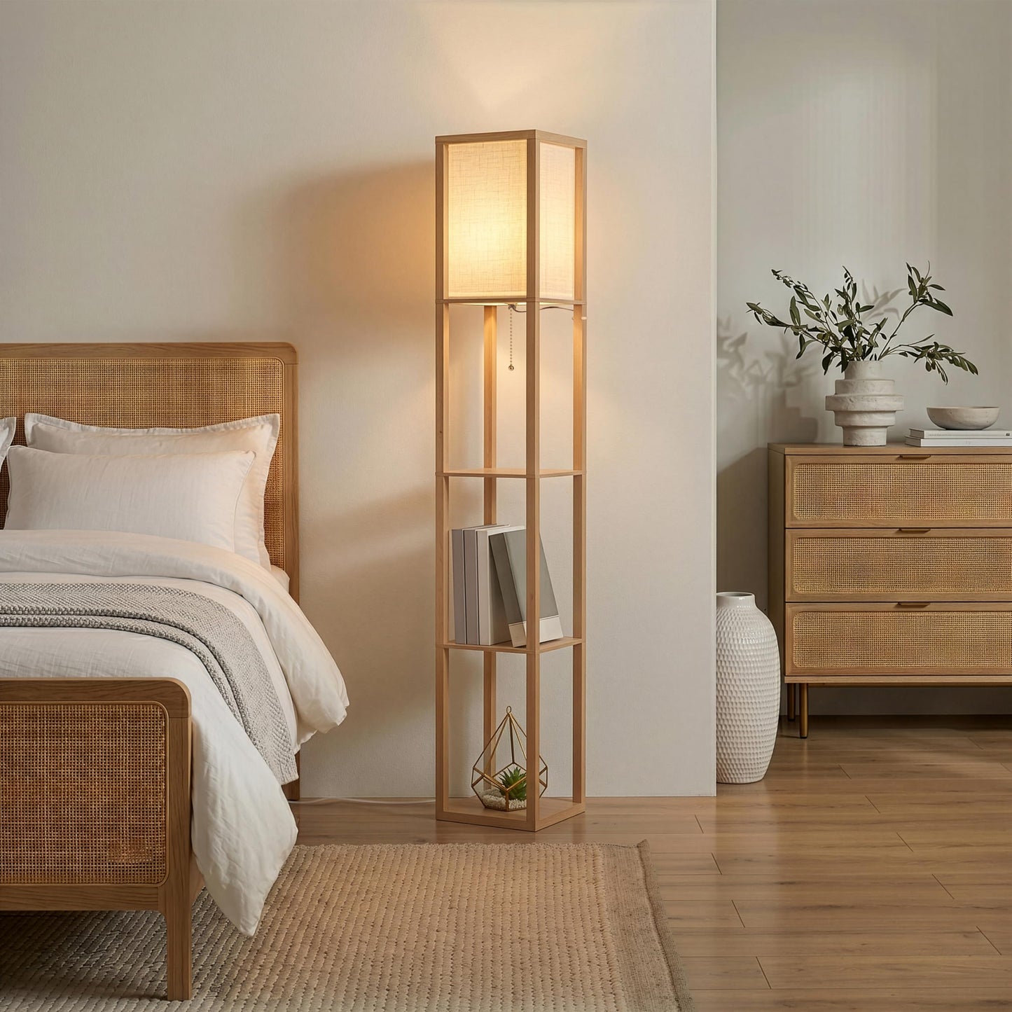 Brightech Maxwell - Modern Shelf Floor Lamp with Lamp Shade & Warm White LED Bulb, Corner Display Floor Lamp with Shelves for Living Room, Bedroom, Nightstand Office, Home Decor Storage - Natural Wood