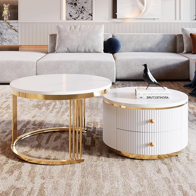 Modern 2 Pieces White Round Nesting Coffee Table