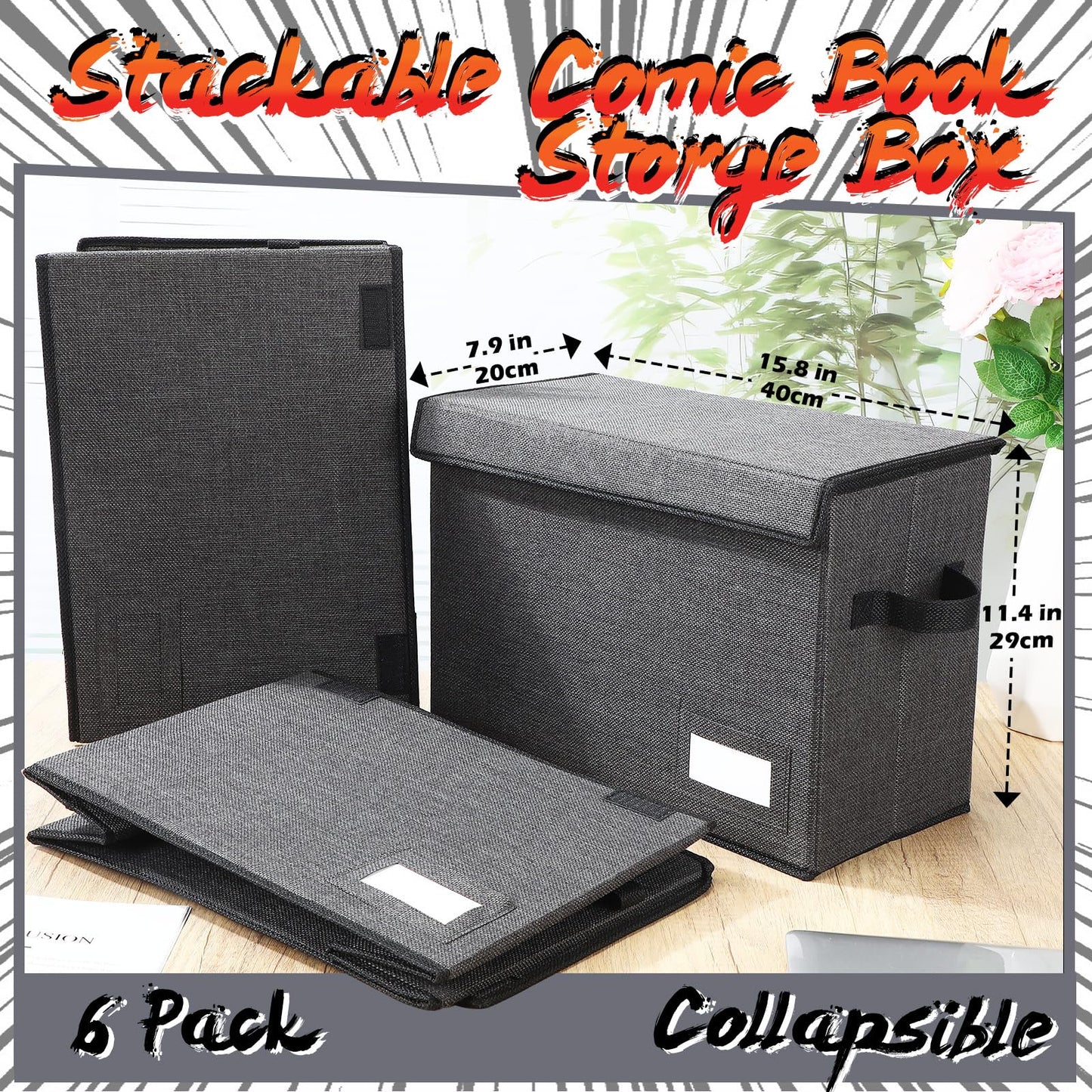 Chuangdi 6 Pcs Comic Book Storage Boxes, Back to School Collapsible Comic Short Box Case with Lid, 15.8 x 7.9 x 11.4 Inch Book Bin Container Holds 150 Comics(Charcoal Gray)