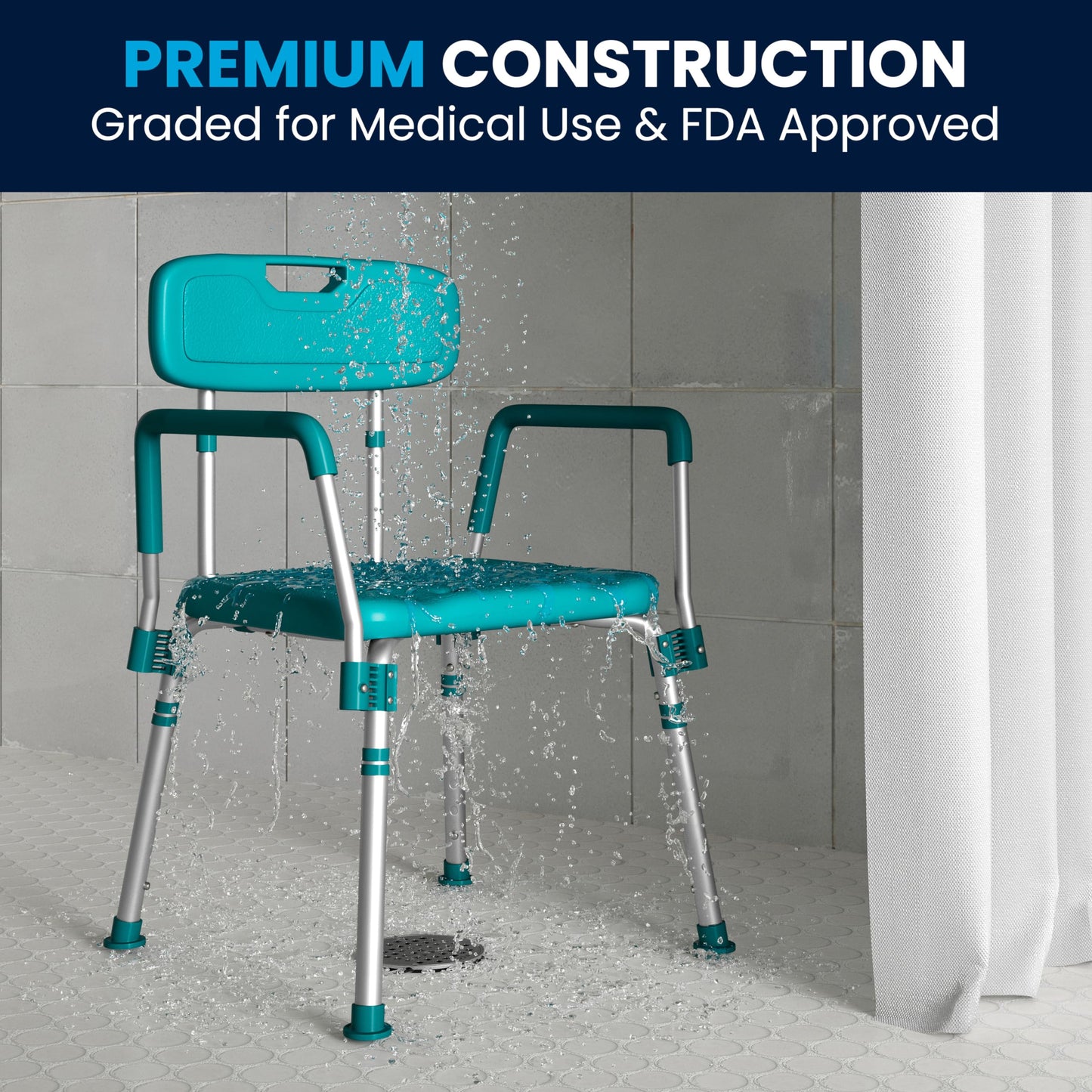 Flash Furniture HERCULES Series 300 Lb. Capacity Adjustable Teal Bath & Shower Chair with Quick Release Back & Arms
