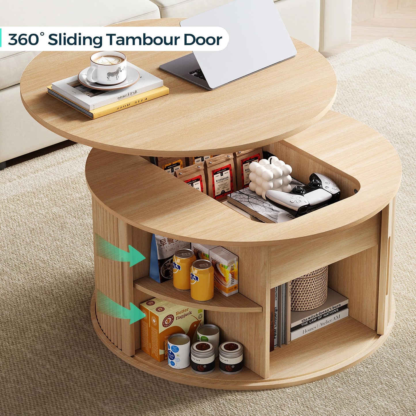 LINSY Lift Top Coffee Table, Round Fluted Coffee Table with Storage, Boho Wooden Coffee Tables with Sliding Tambour Door, 31.5" Center Table for Living Room, Office, Small Space, Natural Oak
