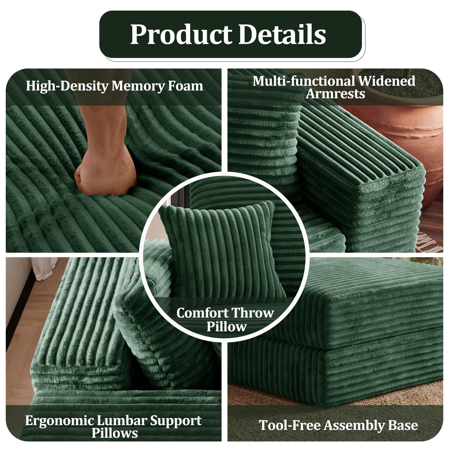75'' L-Shaped Cloud Modular Sectional Couch with Chaise, Modern Corduroy Memory Foam Sofa Bed, Upholstered Boneless Deep Seat Fluffy Sleeper Sofa, for Living Room, No Assembly Needed (Green)