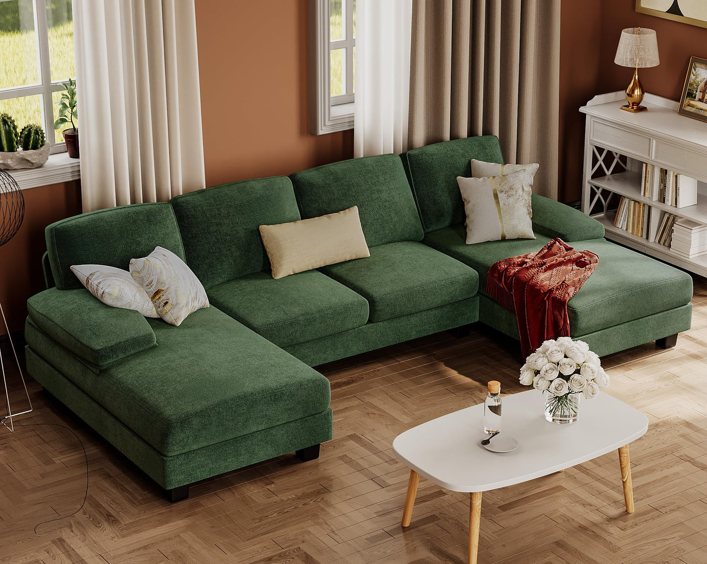 Furmax Sectional Couches for Living Room, U-Shaped Sofa Couch with Linen Fabric, 4 Seat Sofa Set with Double Chaise for Apartment (Chenille, Green)
