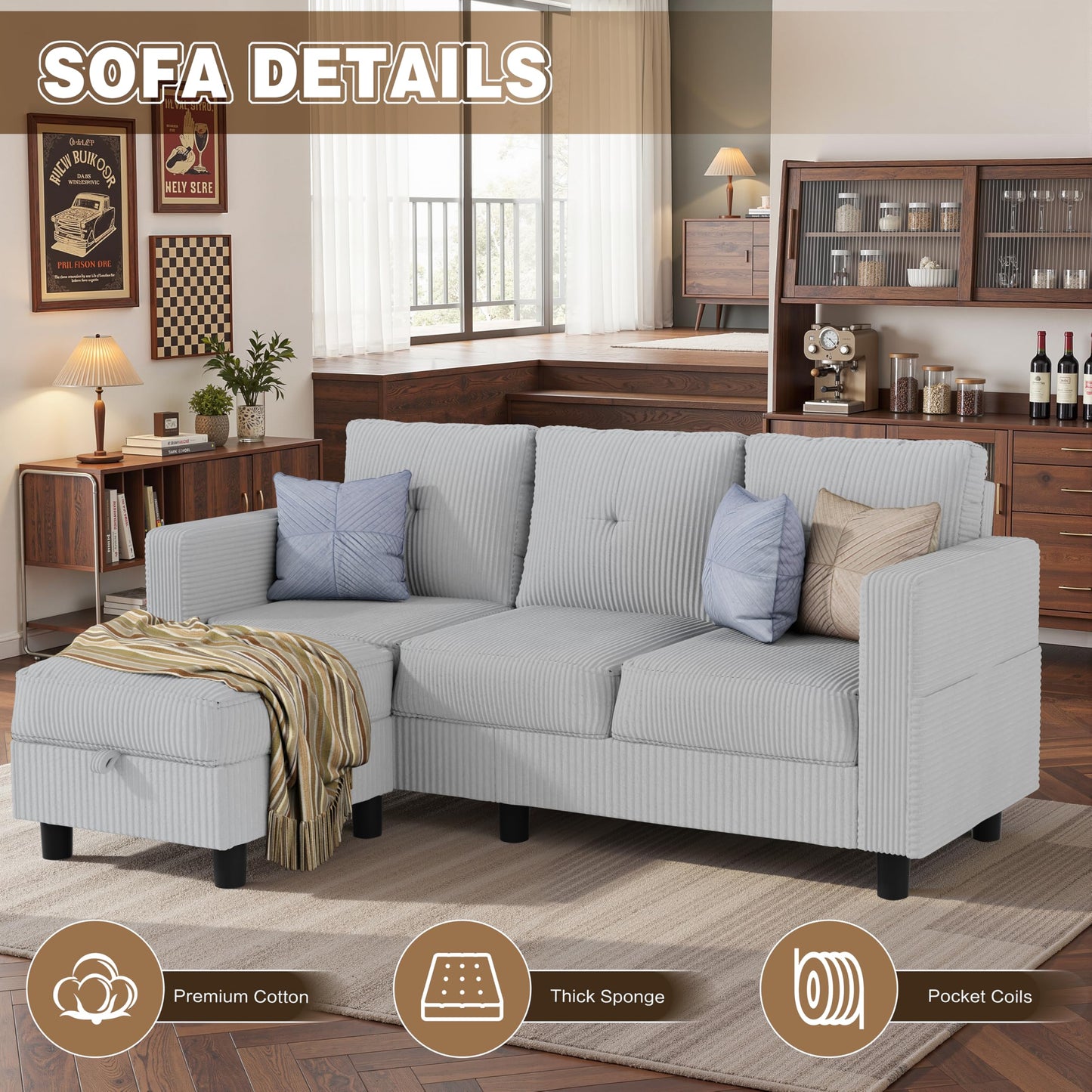 JAMFLY Convertible L-Shaped Sectional Sofa with Reversible Storage Ottoman, 3-Seat Couch with Side Pockets, Modern Compact Furniture for Small Apartments, Studios & Lofts, Light Grey