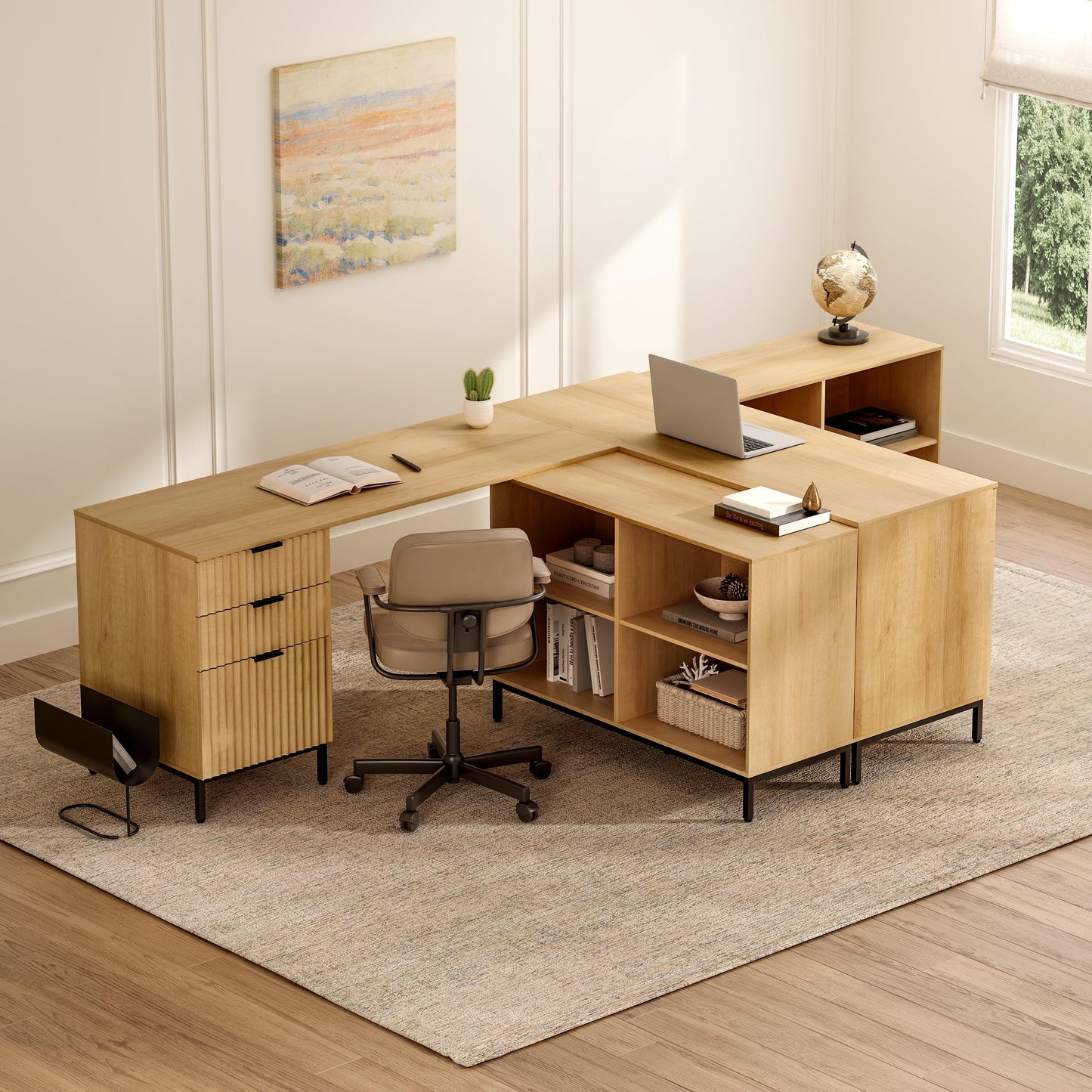 EYYTHUNG L Executive Desk with Storage Cabinet, 60" Fluted Modern Flexible Home Office Desk, Large Wood Convertible Computer Standing Up Desk with File Drawer, Writing Desk Natural Oak