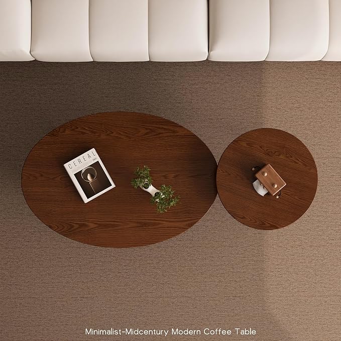 2 Pcs Small Oval Coffee Table, 31.5" Retro Walnut Coffee Tables Nesting Tables